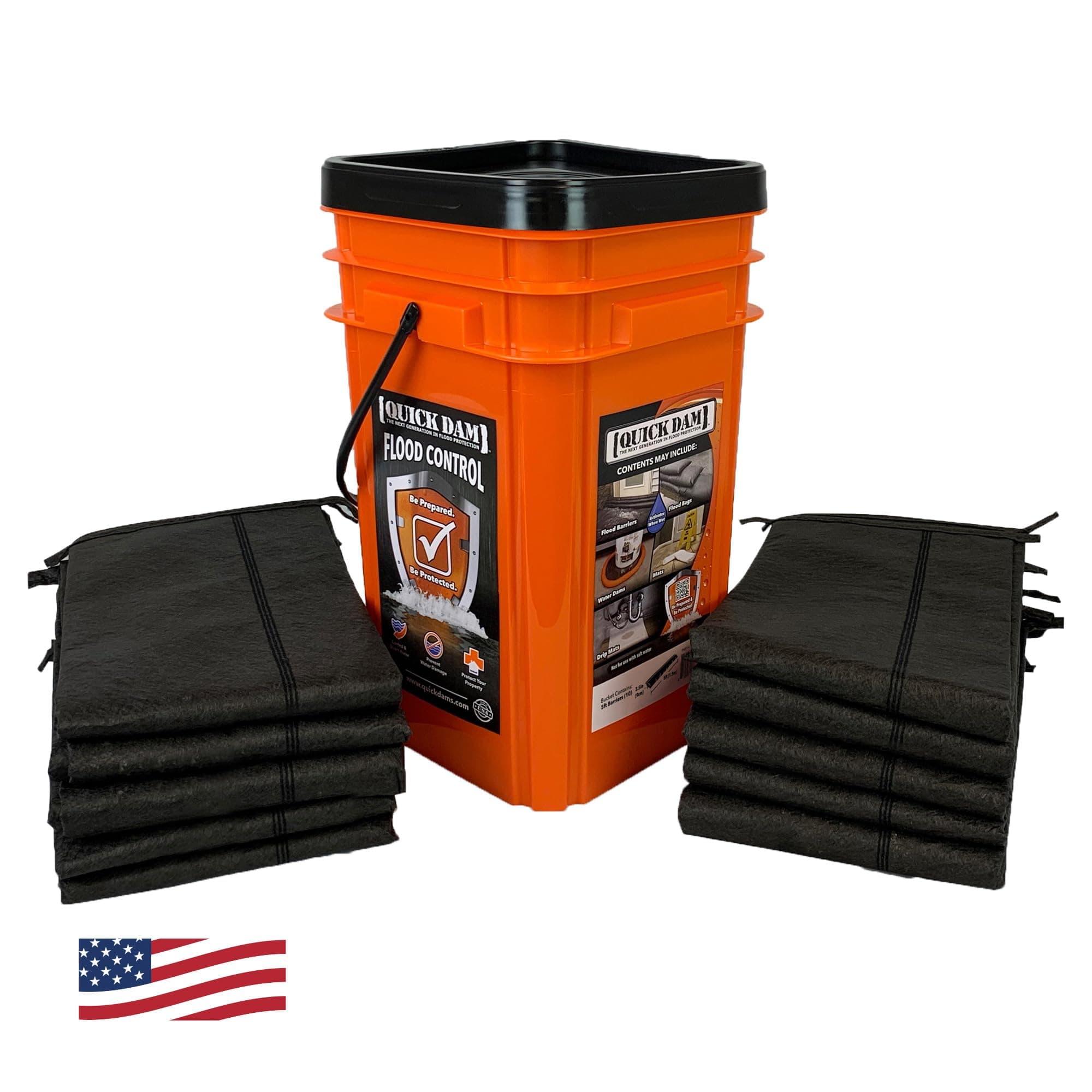Quick Dam Grab & Go Flood Kit includes 10-5-ft Flood Barriers in Bucket (QDGG5-10), Orange