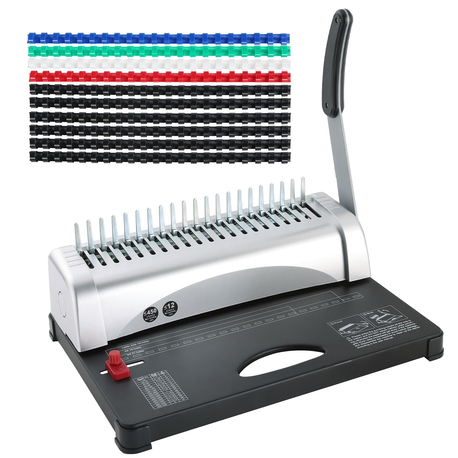 Binding Machine | 21 Holes Punch Binding Comb Machine, 450 Sheets, Paper Punch Binder with Starter Kit 100 PCS 3/8'' PVC Comb Bindings for Letter Size, A4, A5 or Smaller Sizes Office Documents