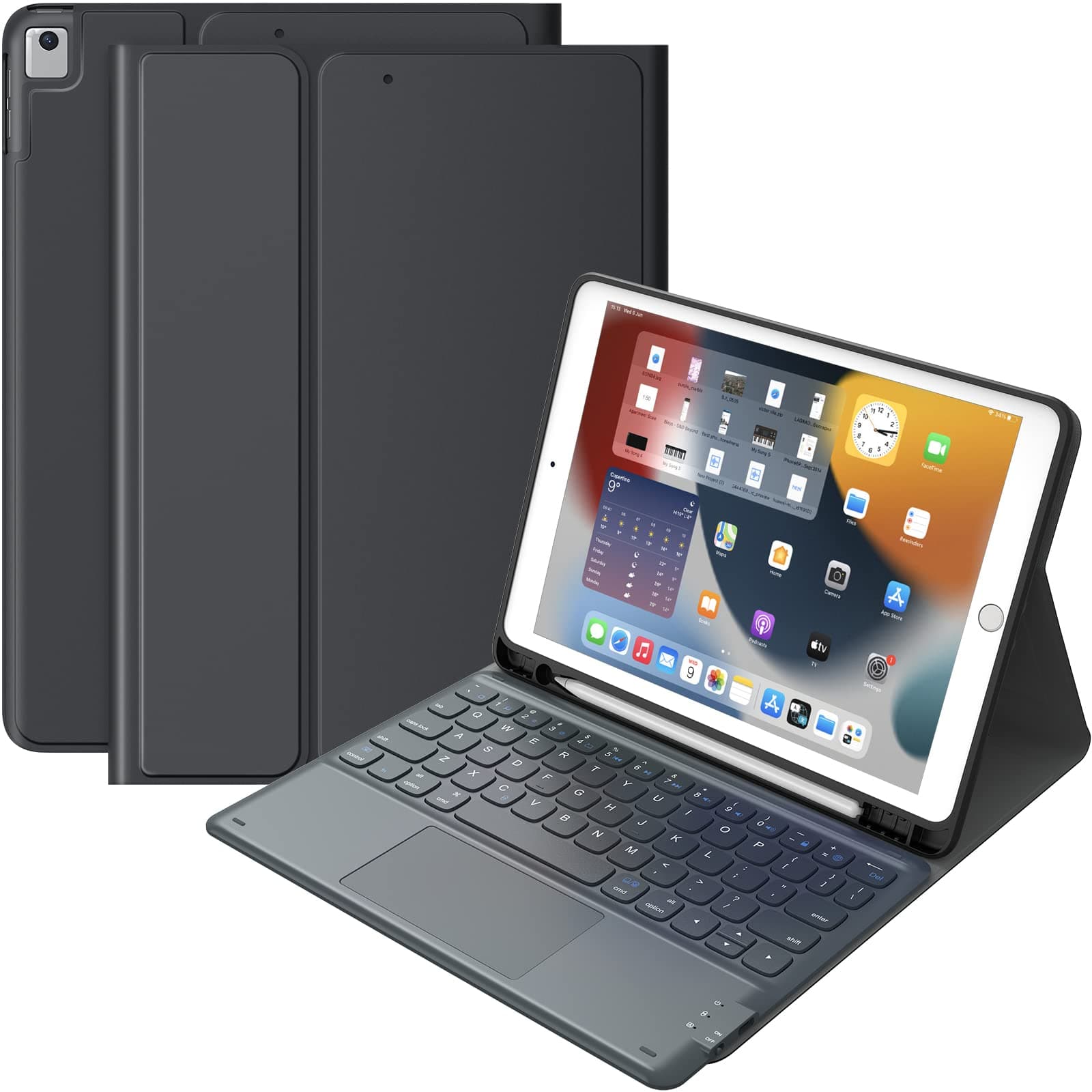 iPad Keyboard 9th Generation, Keyboard for iPad 8th Generation/7th Gen 10.2 Inch, Smart Trackpad, Detachable Wireless with Pencil Holder, Flip Stand Keyboard Case for iPad 9th/8th/7th Gen 10.2”, Black