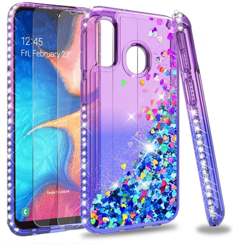 LeYi Galaxy A20e Case with Tempered Glass Screen Protector [2 pack], Girl 3D Glitter Liquid Cute Personalised Clear Silicone TPU Shockproof Phone Cover for Samsung Galaxy A20e Purple Blue