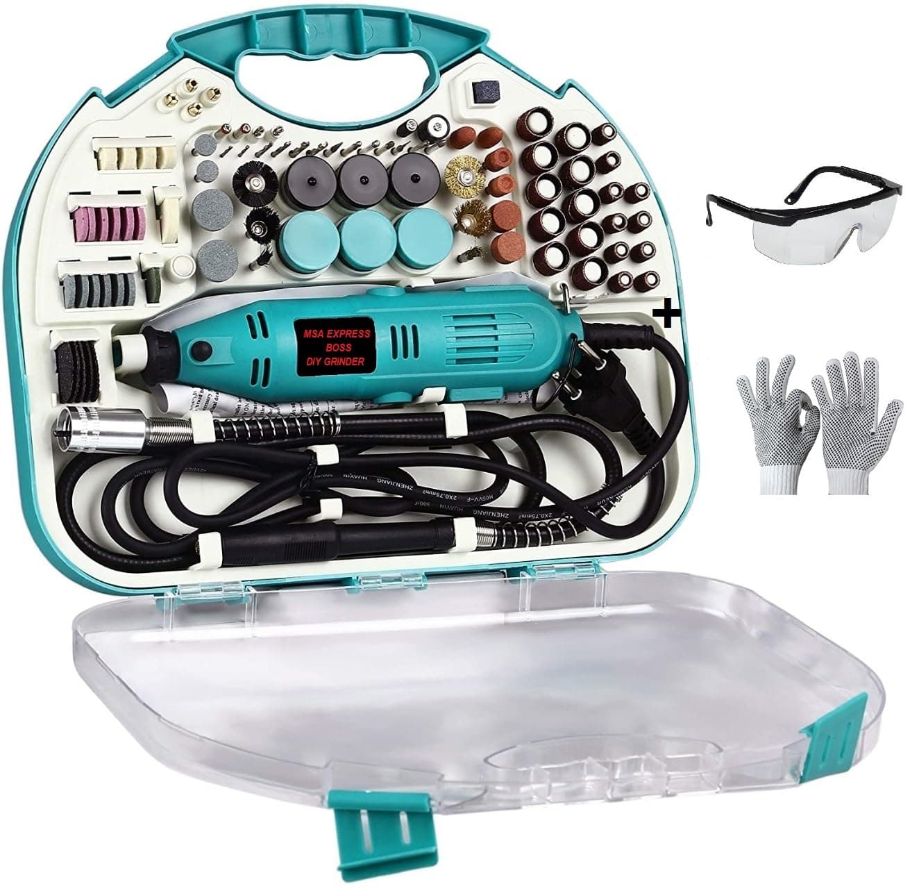 BOSS Rotary Tool Kit with Multi Pro Keyless Chuck and Flex Shaft - With Accessories and Variable Speed 200W Electric Drill Set for Grinding Engraving Crafting Projects and DIY Creations