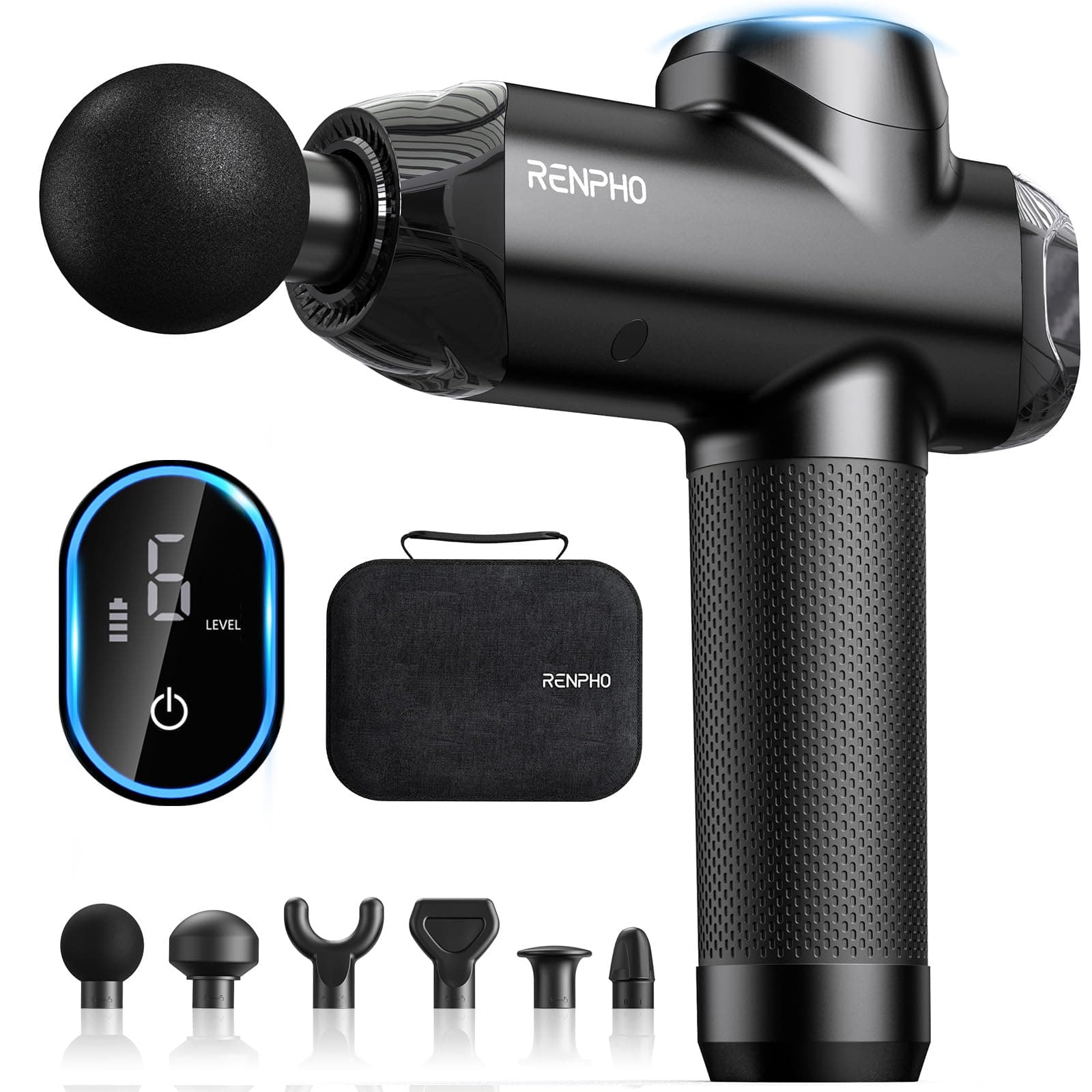 RENPHO R3 Upgrade Power Massage Gun Deep Tissue, Powerful 12 mm Amplitude Muscle Massage Gun, LCD Touch Electric Handheld Massager for Body Muscle Tense Relax with Carry Case, Gifts for Men (Black)
