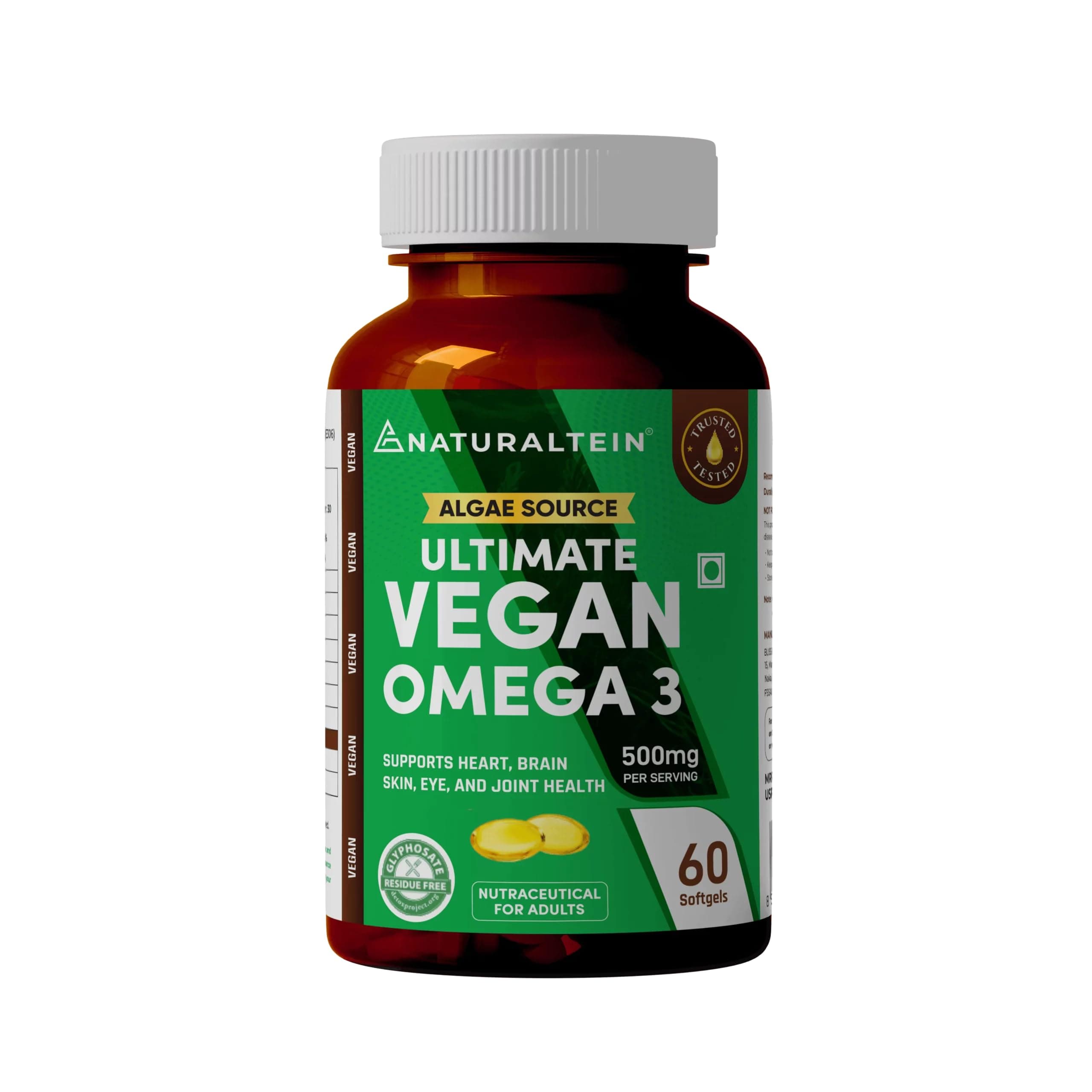Naturaltein Ultimate Vegan Omega 3 (60 Softgels) | Algae Source DHA | 1000 mg Algae Oil & 500 mg DHA Per Serving | Plant-Based Omega 3 | Heavy Metal Tested