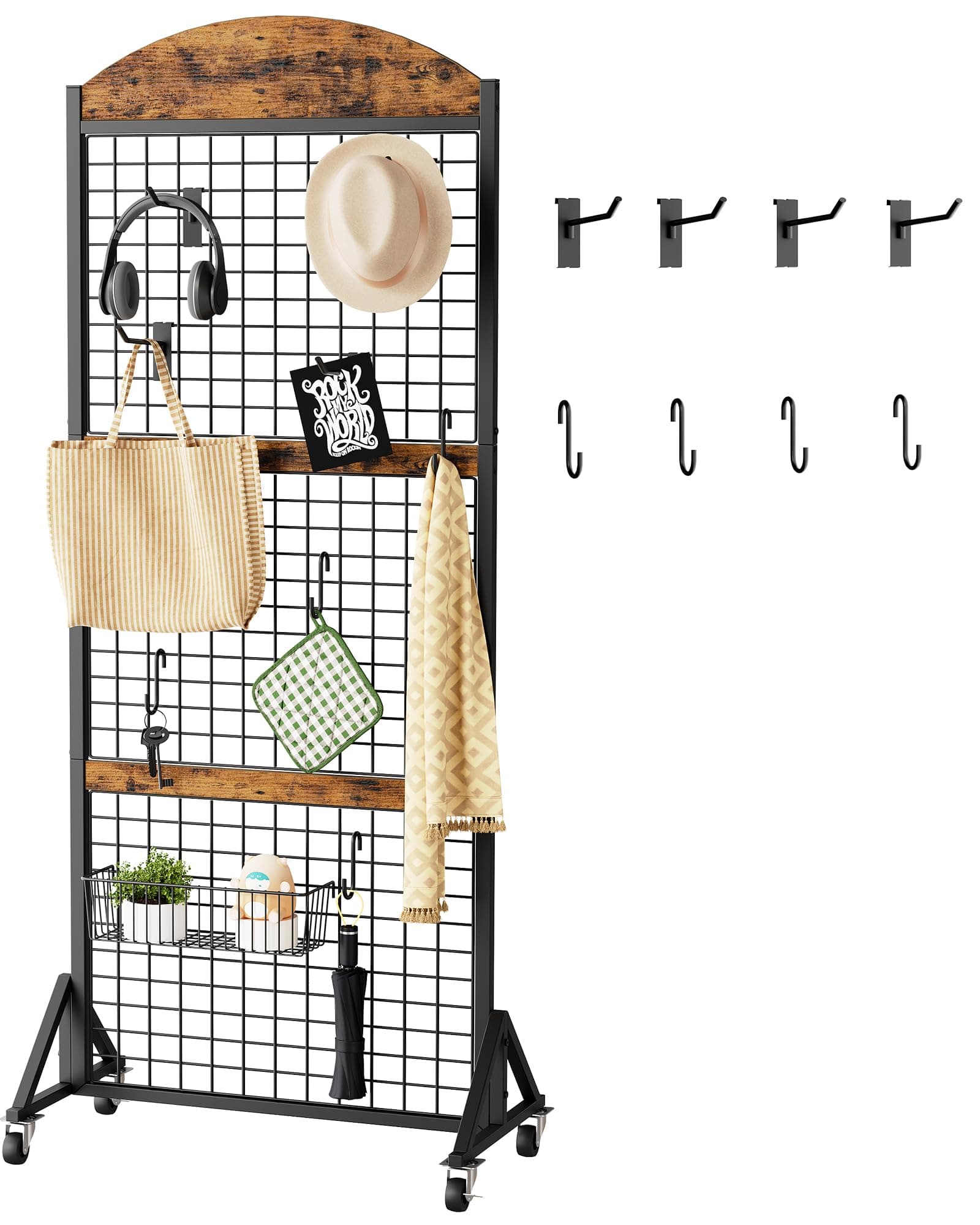 Grid Wall Panel 5.7’ x 2’ FT Grid Display Rack, Movable Gridwall Display Stand with Wheels,Floorstanding Wire Grid Rack with 4 S-Shaped Hooks and 4 Garment Hooks Rustic Brown and Black TCJ17BF