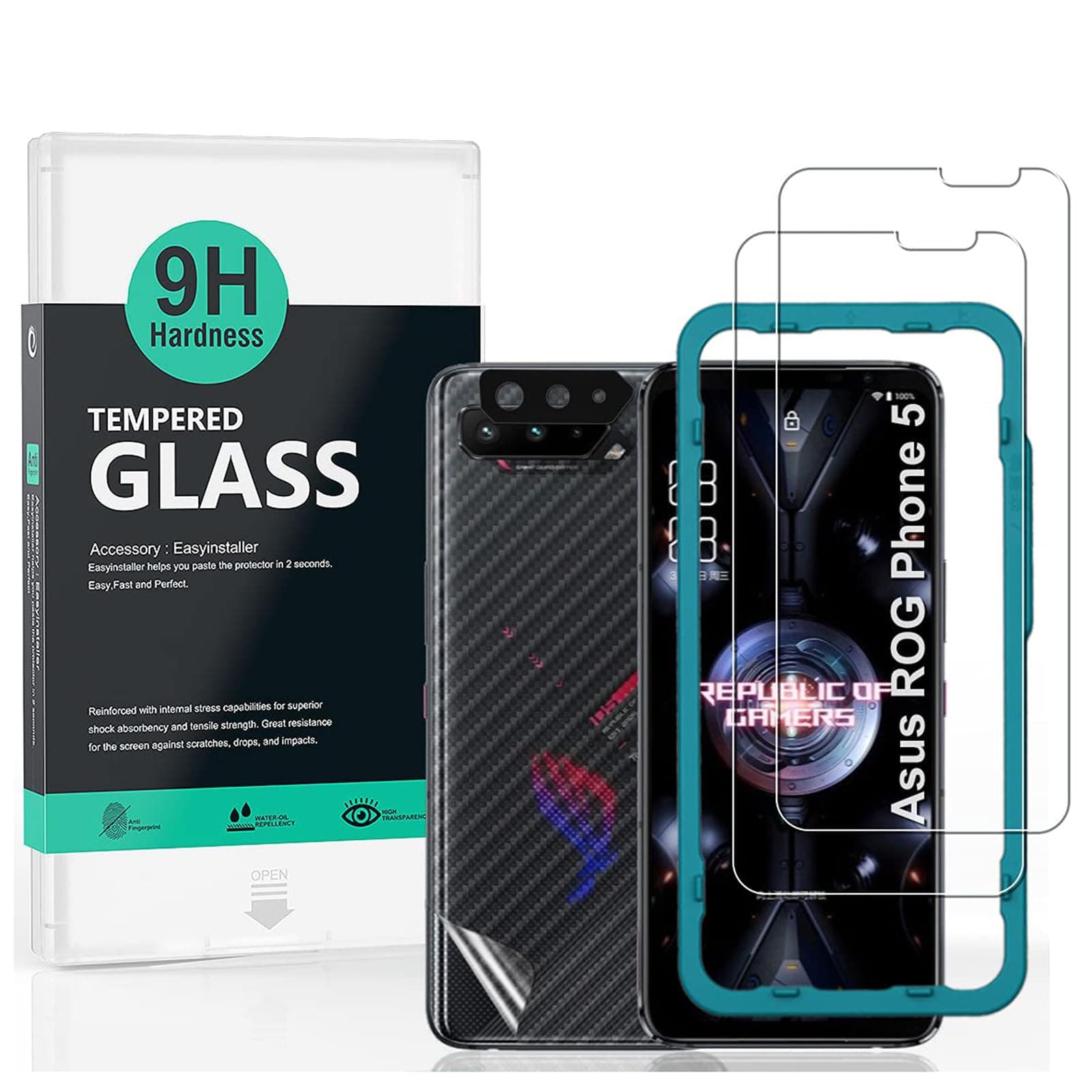 Screen Protector For Rog phone 5/5 Pro/5 Ultimate,with 2Pcs Tempered Glass,1Pc Camera Lens Protector,1Pc Backing Carbon Fiber Film [Fingerprint Reader,Easy to install]