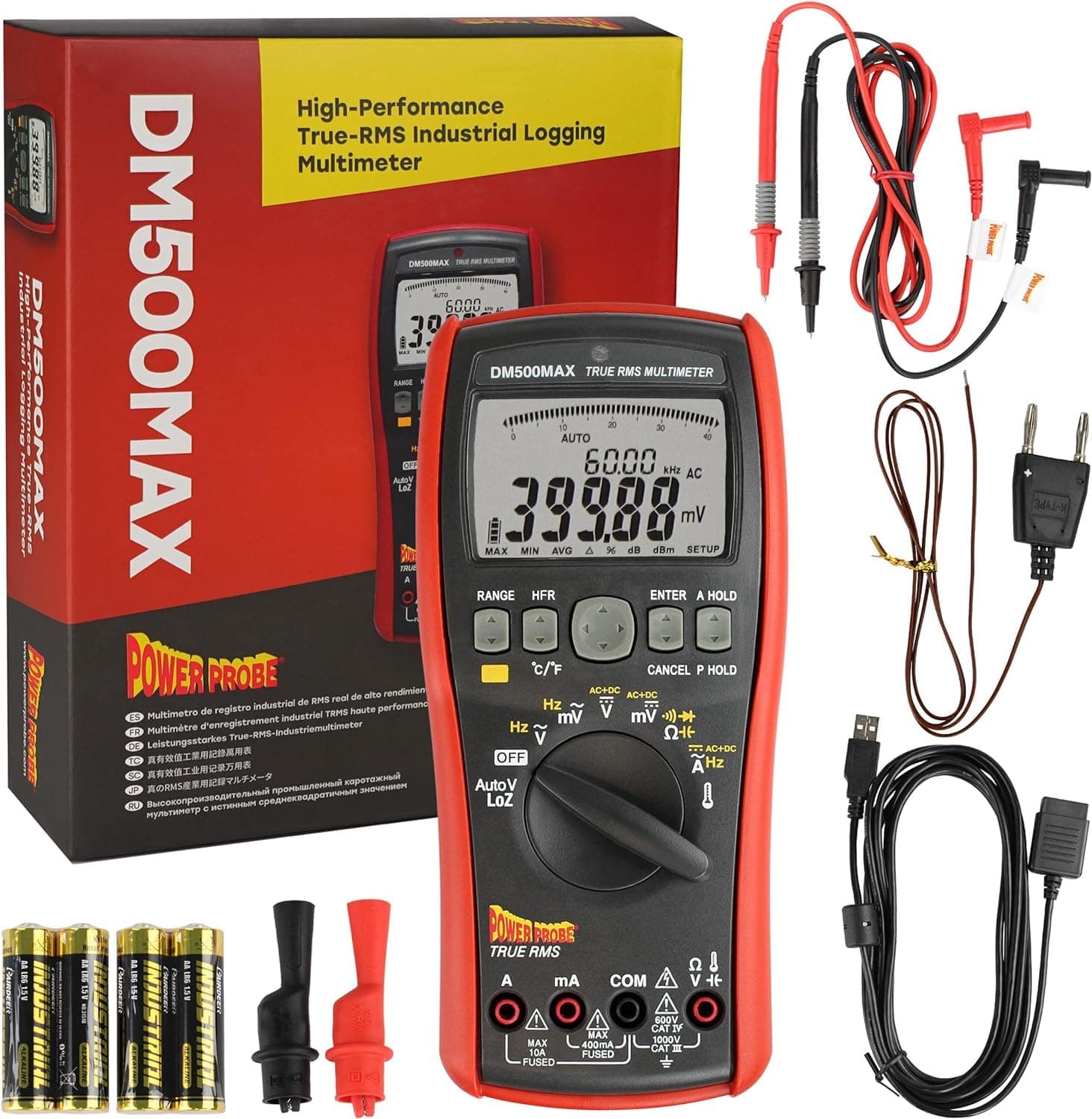 DM500MAX Advanced Digital Multimeter - Ammeter, Ohmmeter and Voltmeter - Type K Thermocouple Included for Reading Temperature