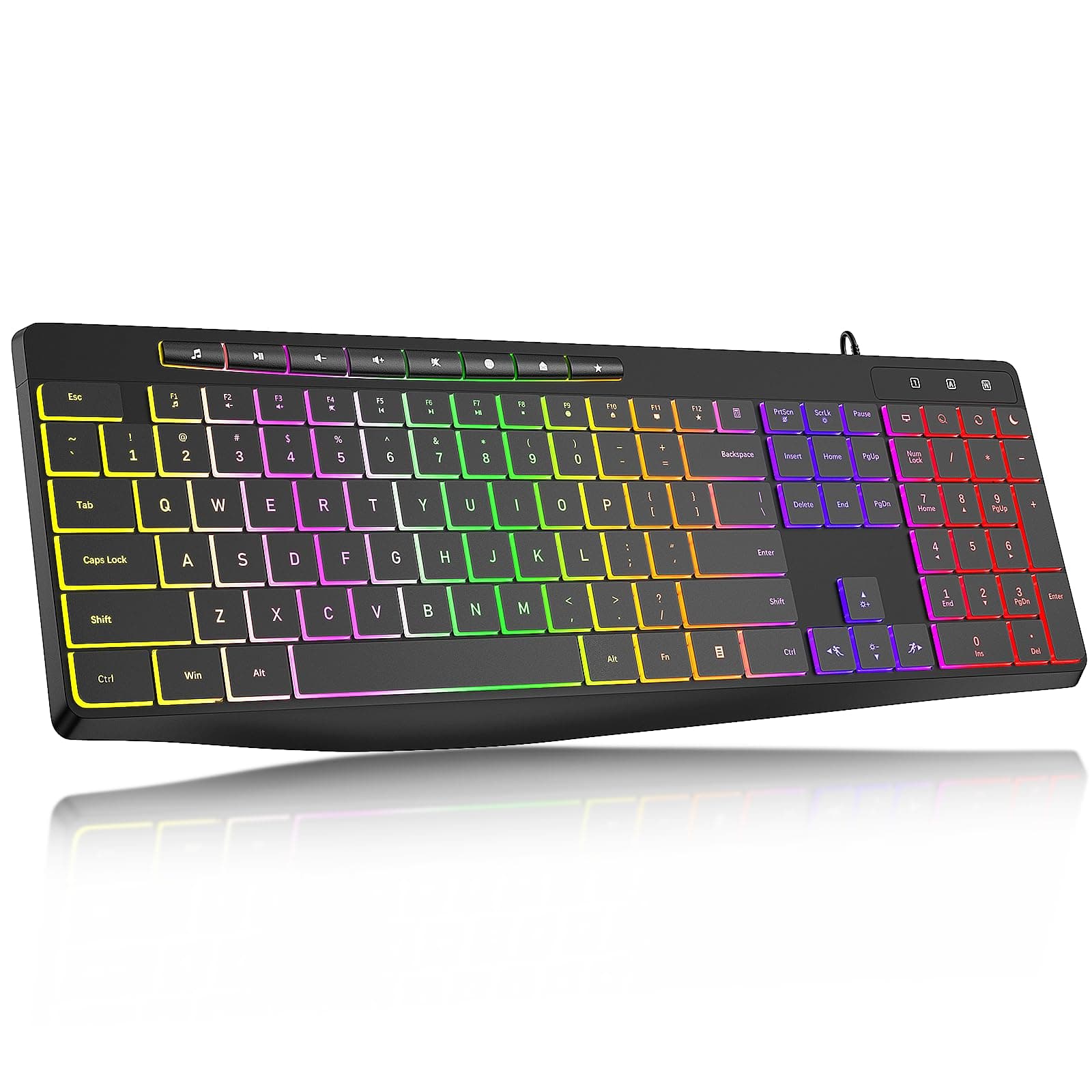 Computer Keyboard Wired,7-Color Rainbow LED Backlit, Quiet Light Up Keyboard with Multimedia Keys,Low Profile Chiclet Keys,Large Number Pad,Spill-Resistant, Anti-Wear Letters for Windows Mac PC Laptop