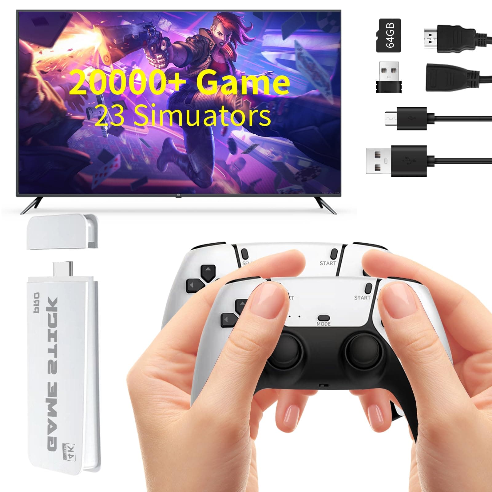 Wireless Retro Handheld Game Console, Built-in 20,000+ Plug-and-Play Retro Video Games, with 23 Classic Simulators, 4K HD HDMI Output and Dual 2.4G Wireless Controller for Easter Gift