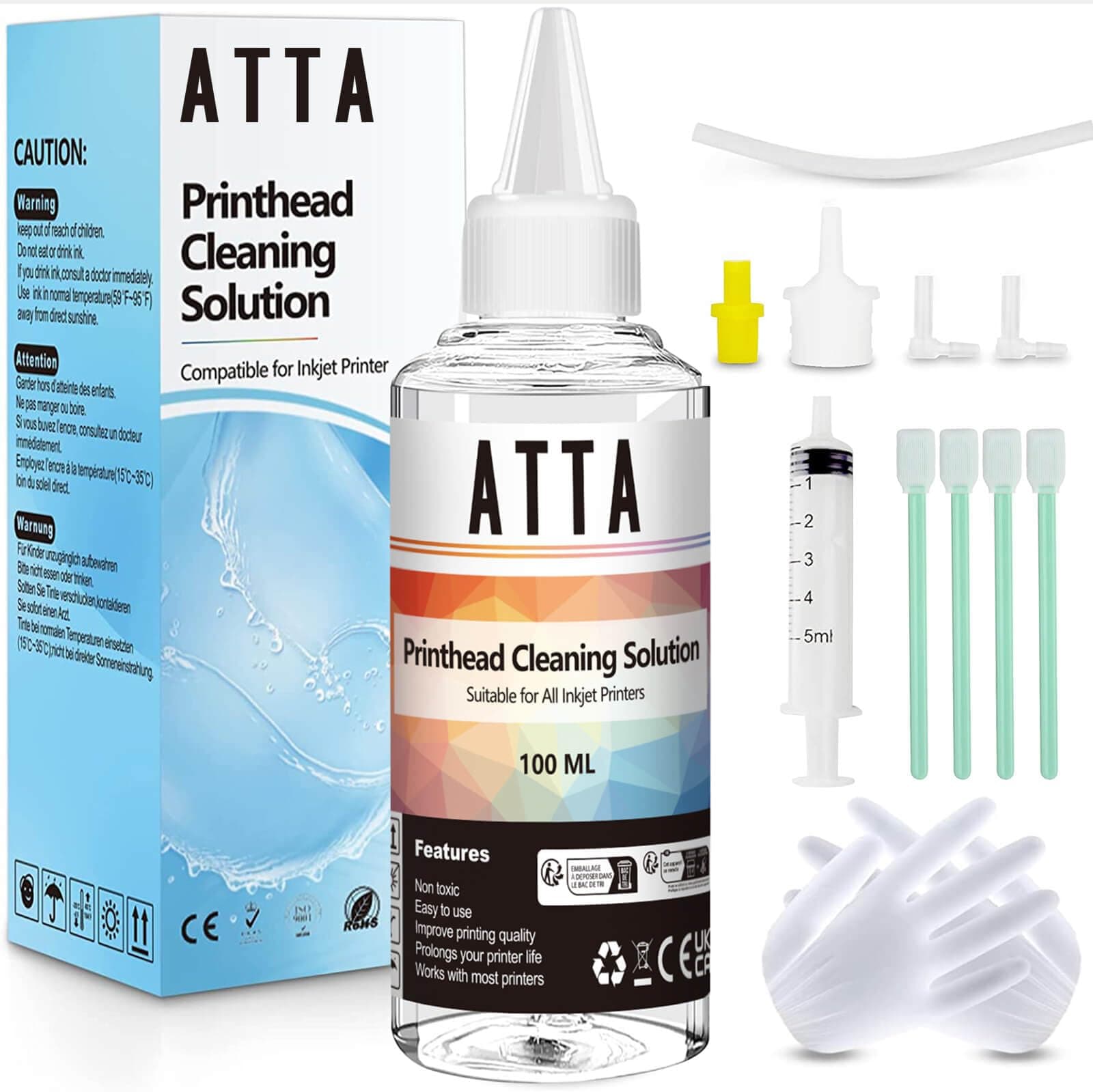 ATTA Printhead Cleaning Kit for Inkjet Printers, Powerful Printer Head Cleaner Kit Printer Nozzle Cleaning Kit for Epson HP Canon Brother Dell Lexmark (100ml 1-Pack)