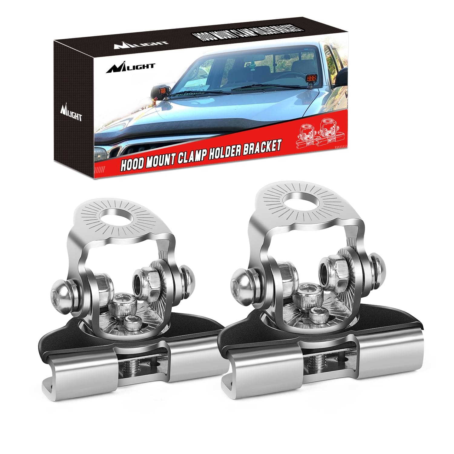 Nilight LED Light Bar Mounting Bracket 2PCS Universal Adjustable Pillar Hood Work Lamp Mount Clamp Holder for Off-Road Truck SUV, Silver-2