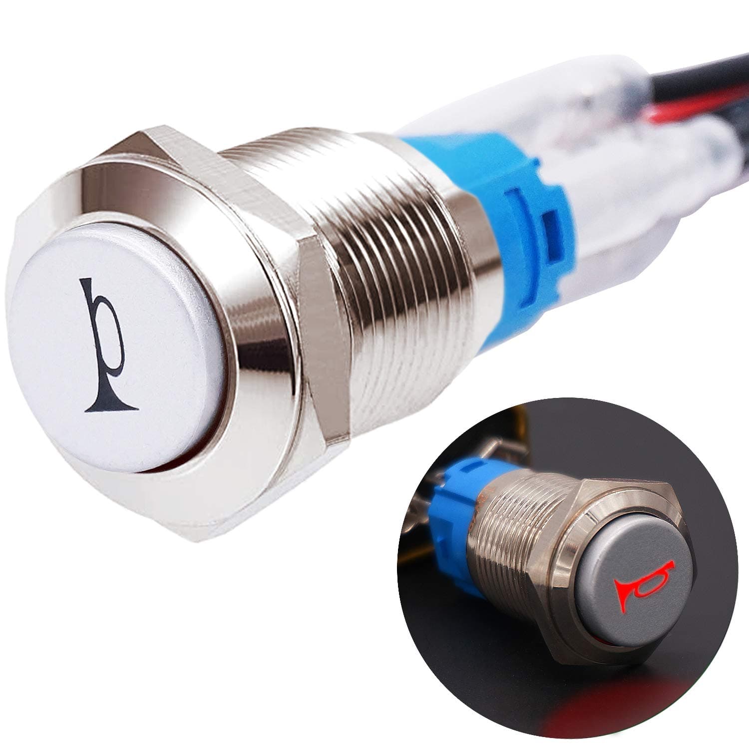 Twidec/16MM Raised Speaker Horn Momentary Push Button Switch 5/8" Mounting Hole 12V Red Led Light Silver Stainless Steel Shell 1NO 1NC SPDT with Pre-Wiring Wires Switch for Car Modification G16LB-R