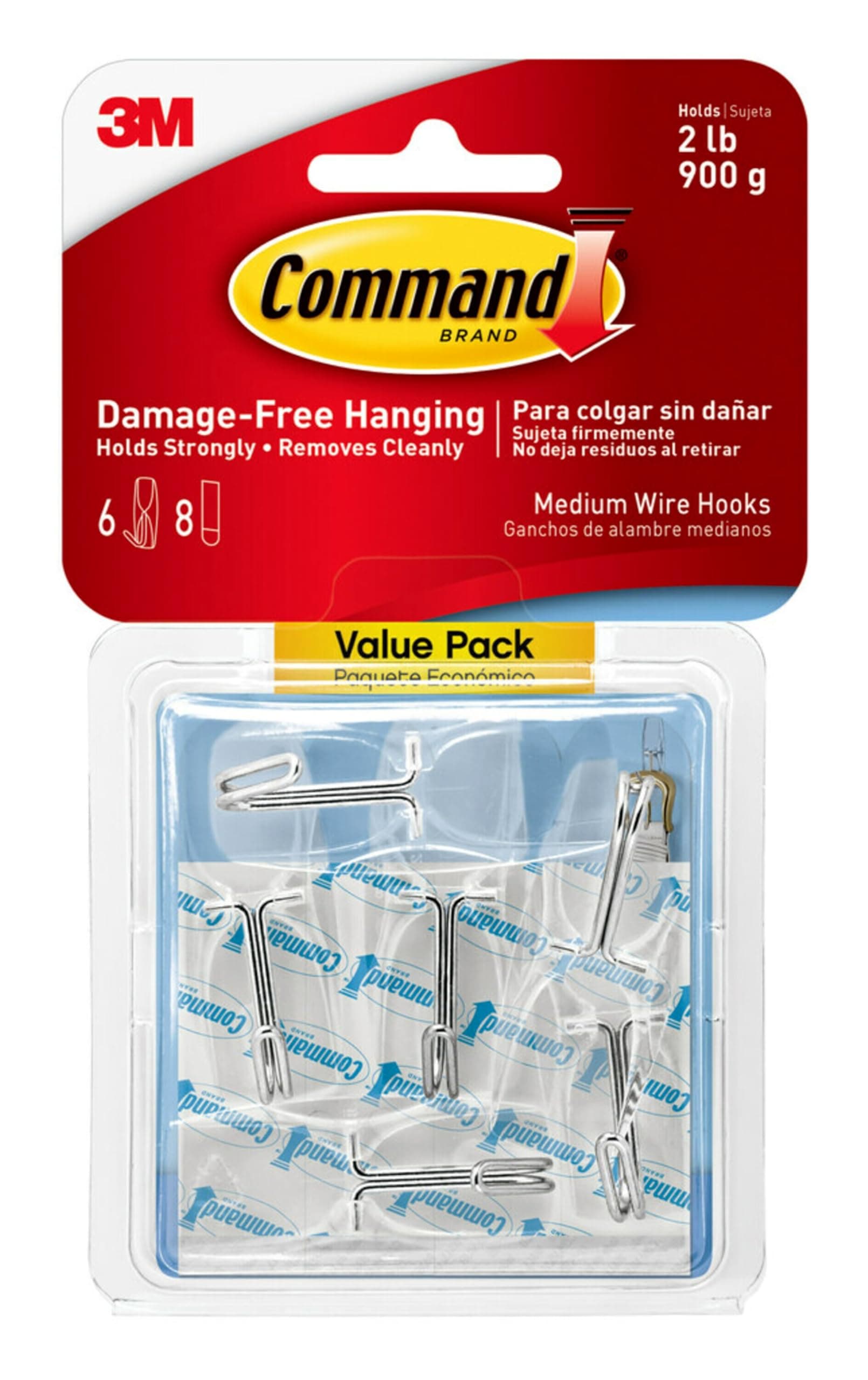 Command Wire Toggle Medium Hook, Pack of 6 Hooks and 8 Adhesive Strips, Transparent - Damage Free Hanging - Holds up to 900g