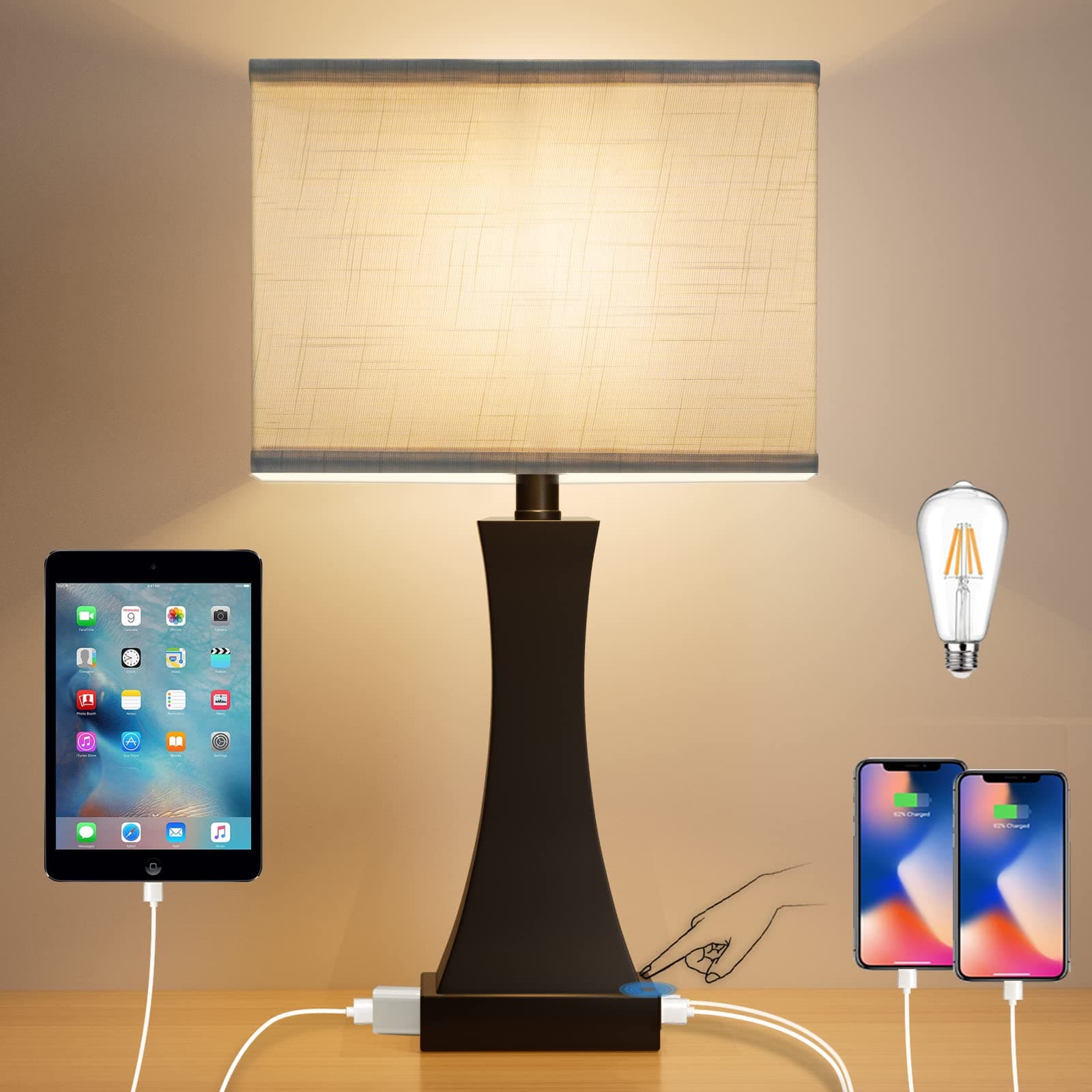 Table Lamp for Bedroom 3-Way Dimmable Touch Control Bedside Lamp with USB A+C Port & AC Outlet 21.6" Tall Nightstand Lamp for Living Room Office and Hotel Bulb Included