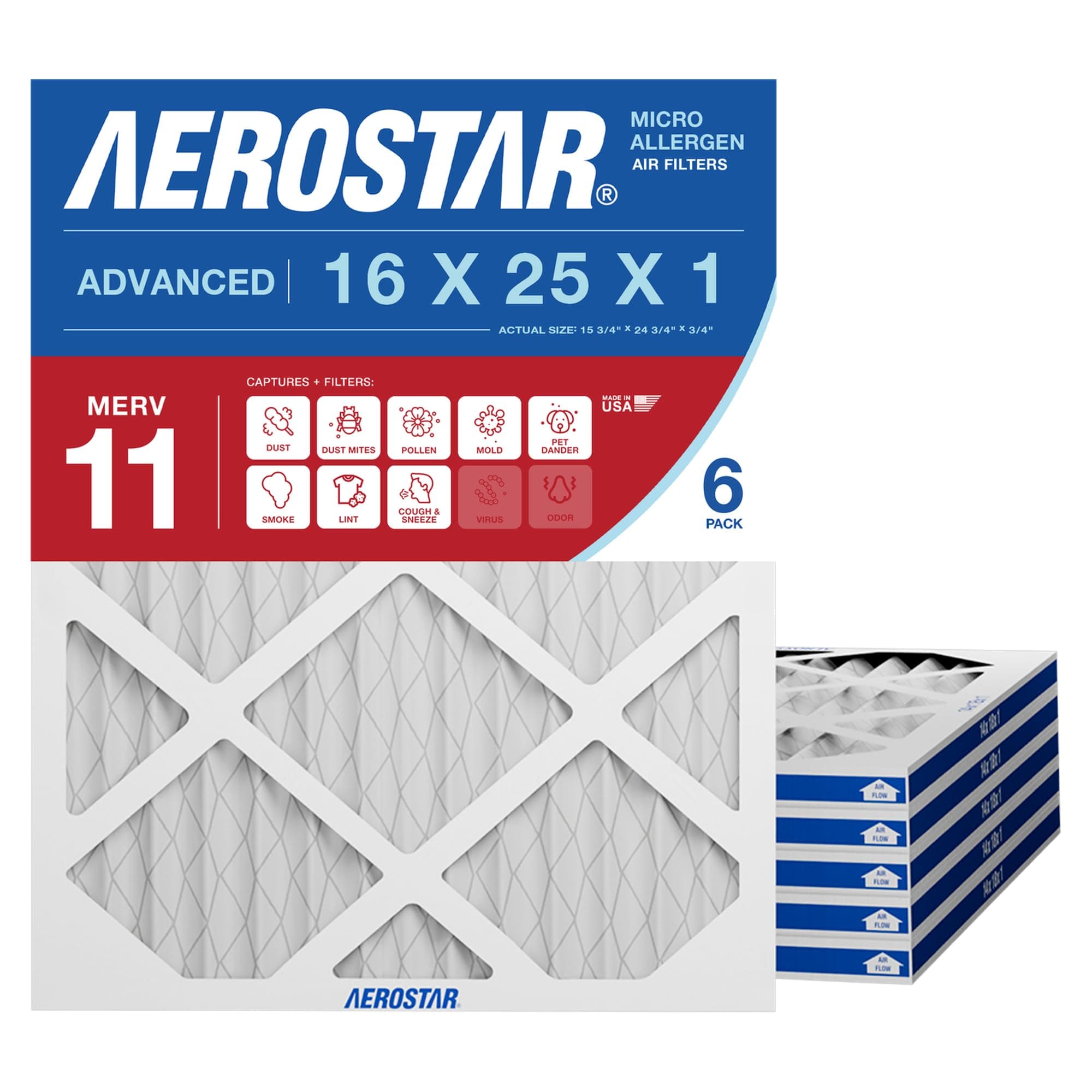 Aerostar 16x25x1 MERV 11 Air Filter, 6 Count, ACTUAL SIZE (15.75 x 24.75 x 0.75), HVAC, Air Conditioning & Furnace Filter for Dust, Pet Dander, Smoke & Allergies (MPR 1200 / FPR 7), Made in USA