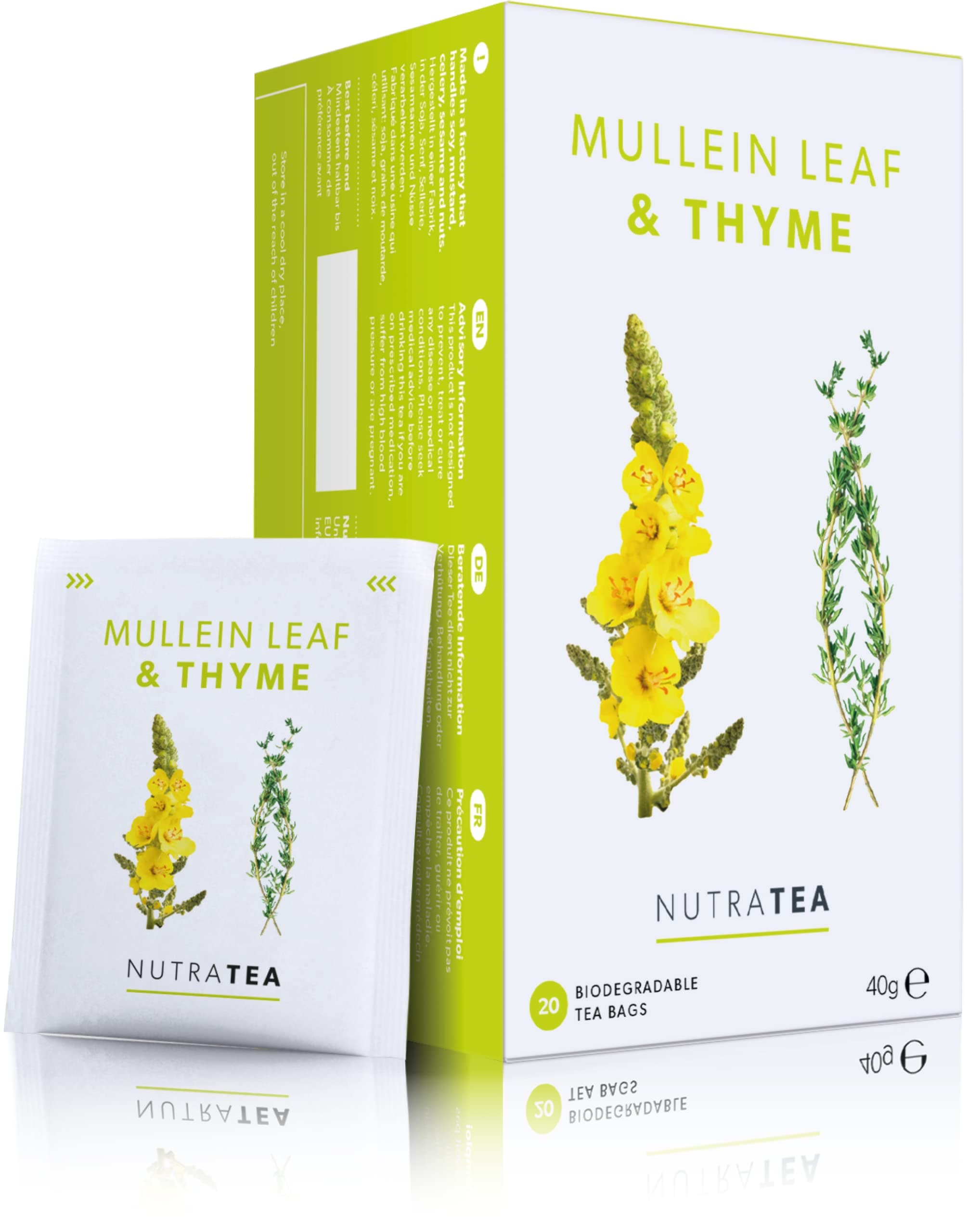 NutraTea - Mullein Leaf & Thyme Tea - Mullein Tea - Thyme Teabags For Lungs & Throat - 20 Individually Wrapped Bags - Herbal Infusion (1 Pack)