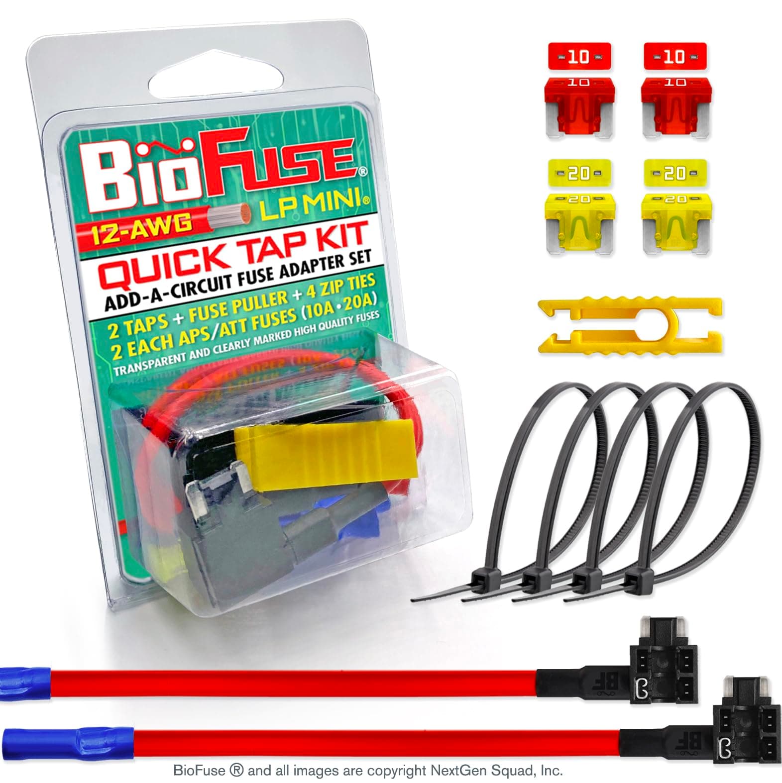 BioFuse 12V Low Profile Mini QUICK TAP KIT: 2 Add-A-Circuit Fuse Tap Adapters, 2 each (10A 20A) LP-Mini ATT Blade Fuses, 4 Zip Ties + Fuse Puller