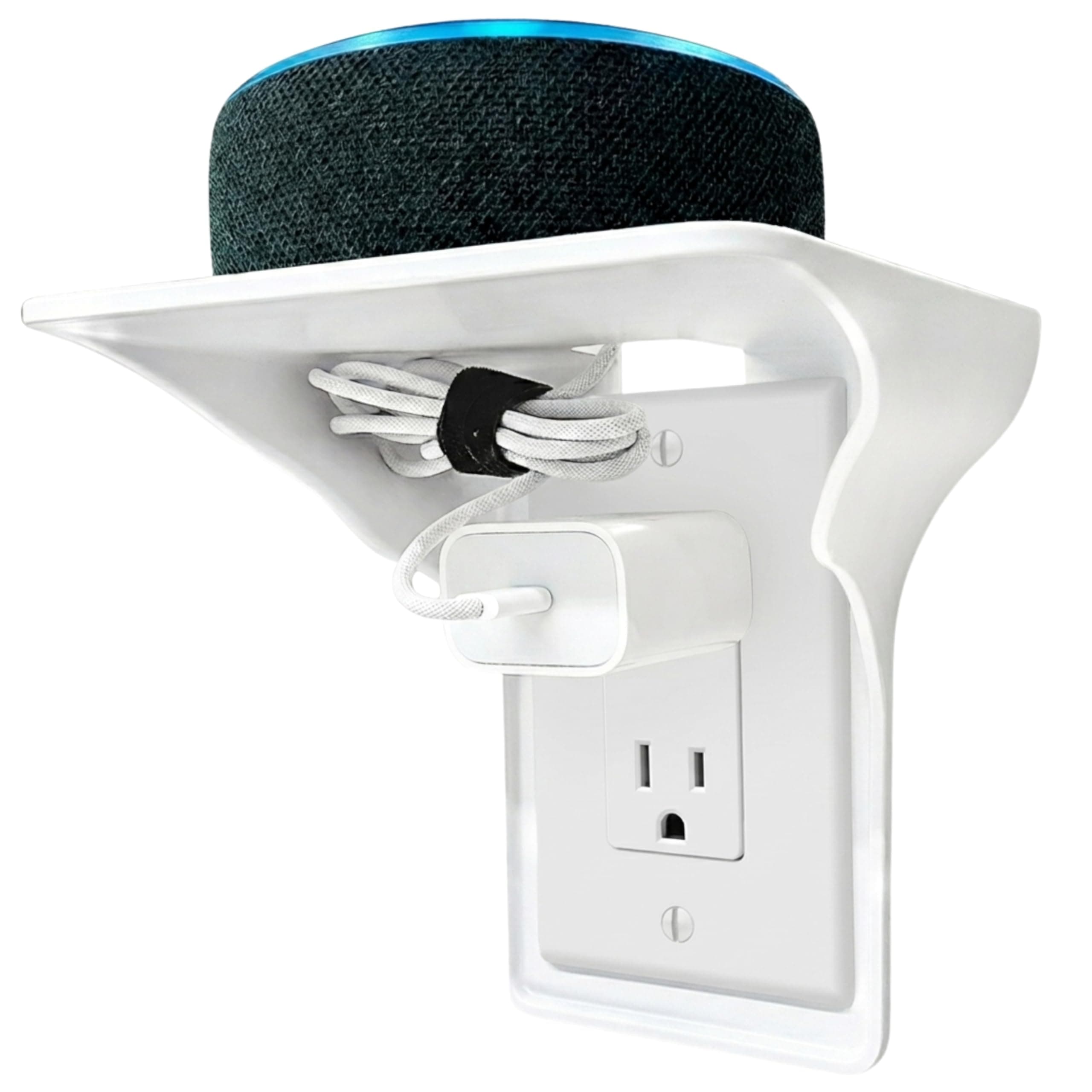 BeraTek Power Perch Wall Outlet Shelf with Cord Storage - Space Saving Organizer for Apple HomePod Mini, Alexa Echo Pop Wall Mount - Bathroom Charging Stand Holder Mount - White, 1-Pack