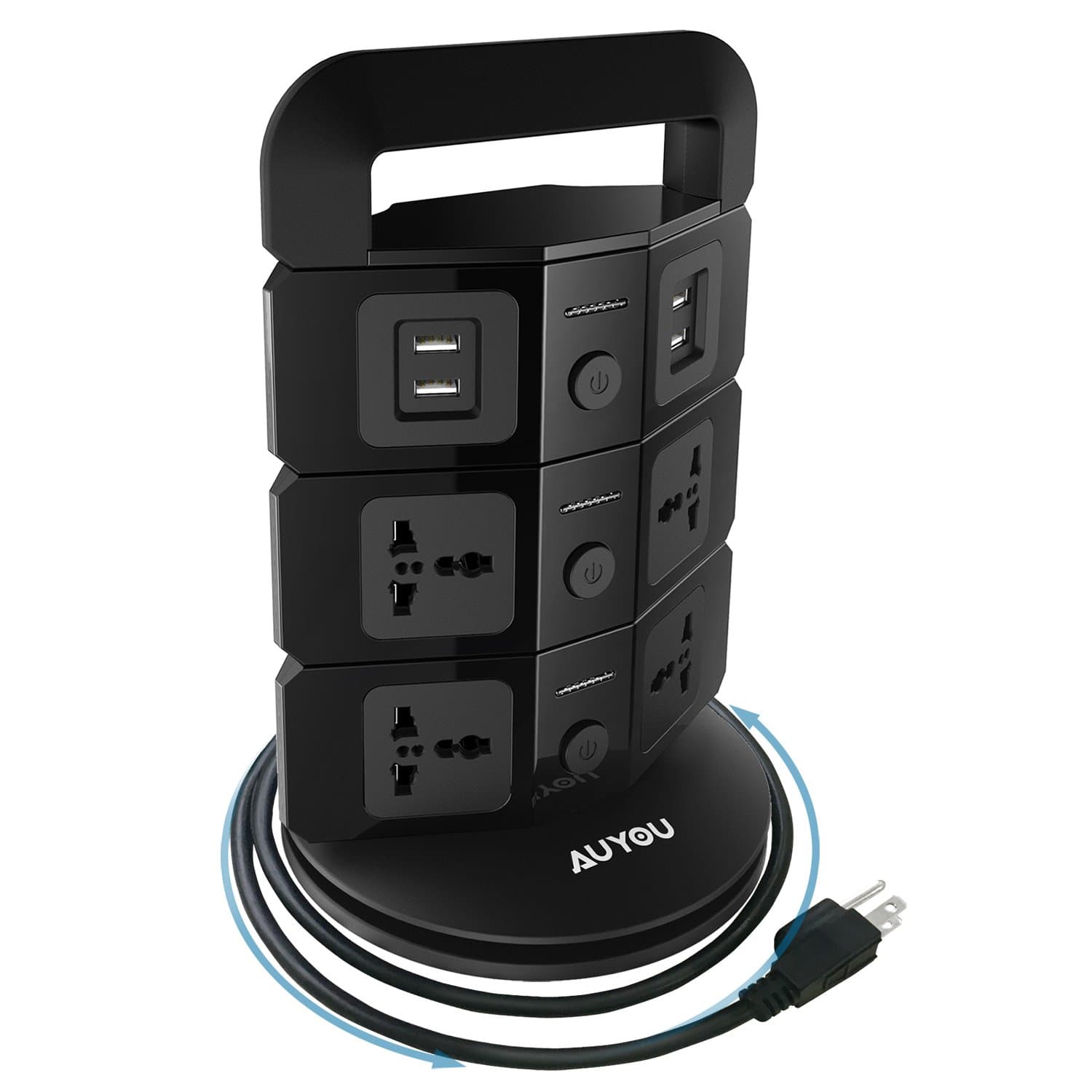 AUYOU Tower Power Strip USB Vertical Socket Handy Space-saving Socket Matching Wall Outlet with 7-Outlet and 4-USB Ports Black in 3 Pronged Plugs