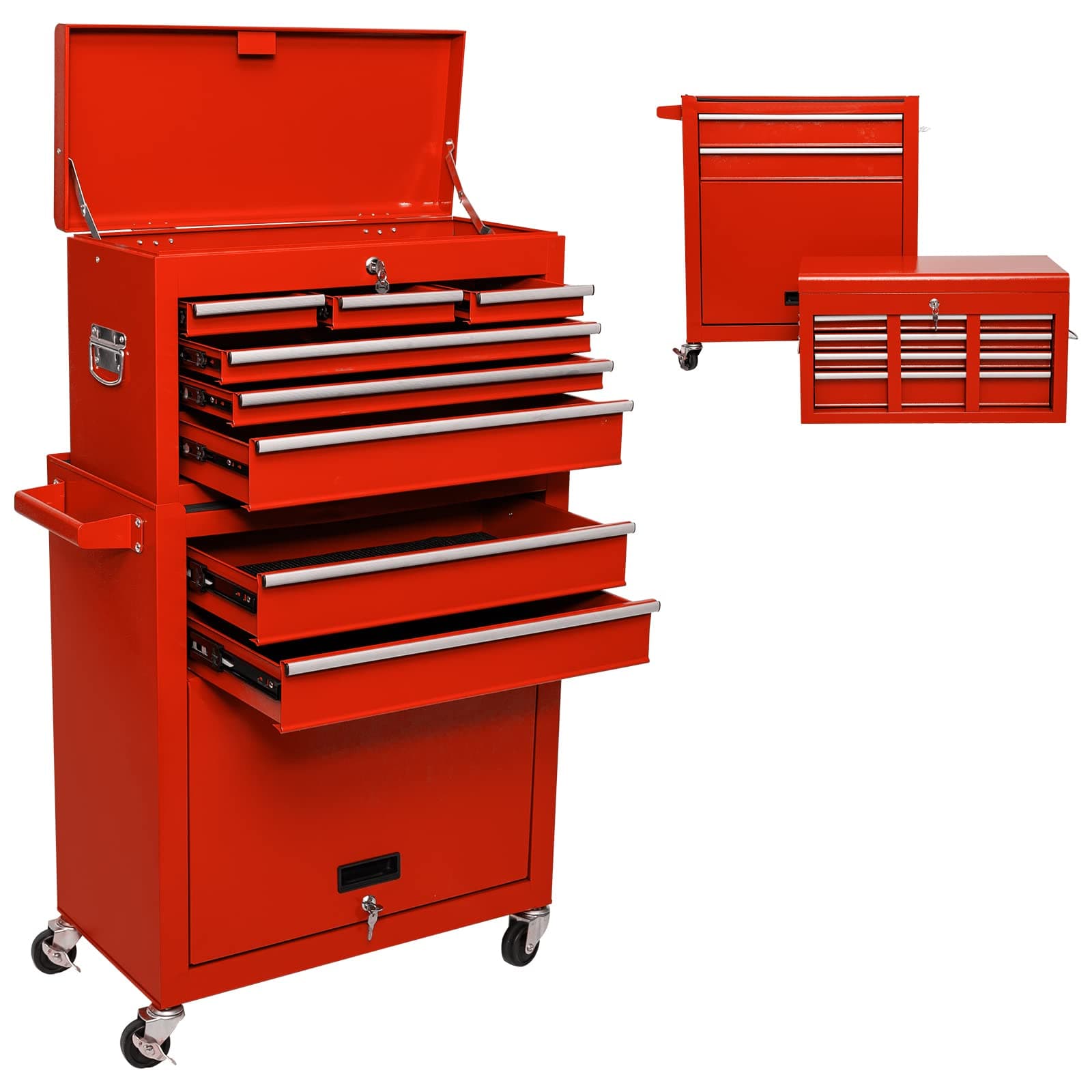 8-Drawer Rolling Tool Chest , Tool Storage Garage 2 in 1 High Capacity Detachable ,Tool Cabinet Portable with 4 Wheels&2 Lock ,Top Chest for Warehouse Garage Repair Shop (Red)