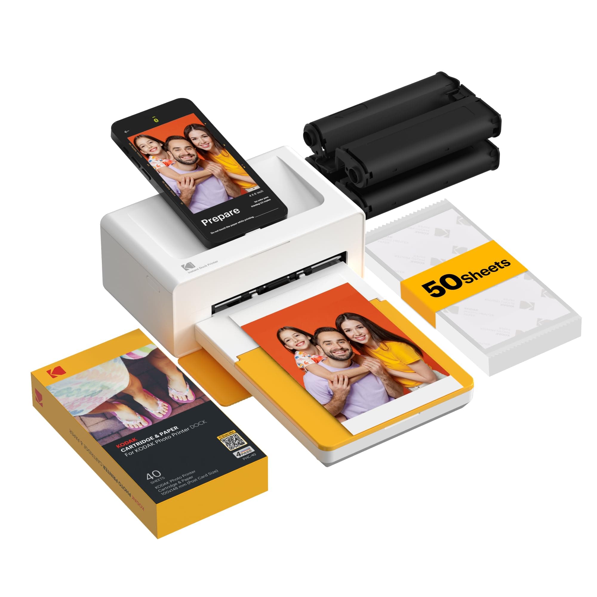 Dock Plus 4x6'' Photo Printer, 50 Sheets, Docking & Bluetooth Smartphone Printer for iPhone & Android, Instant Color Prints, 4PASS Dye Sublimation