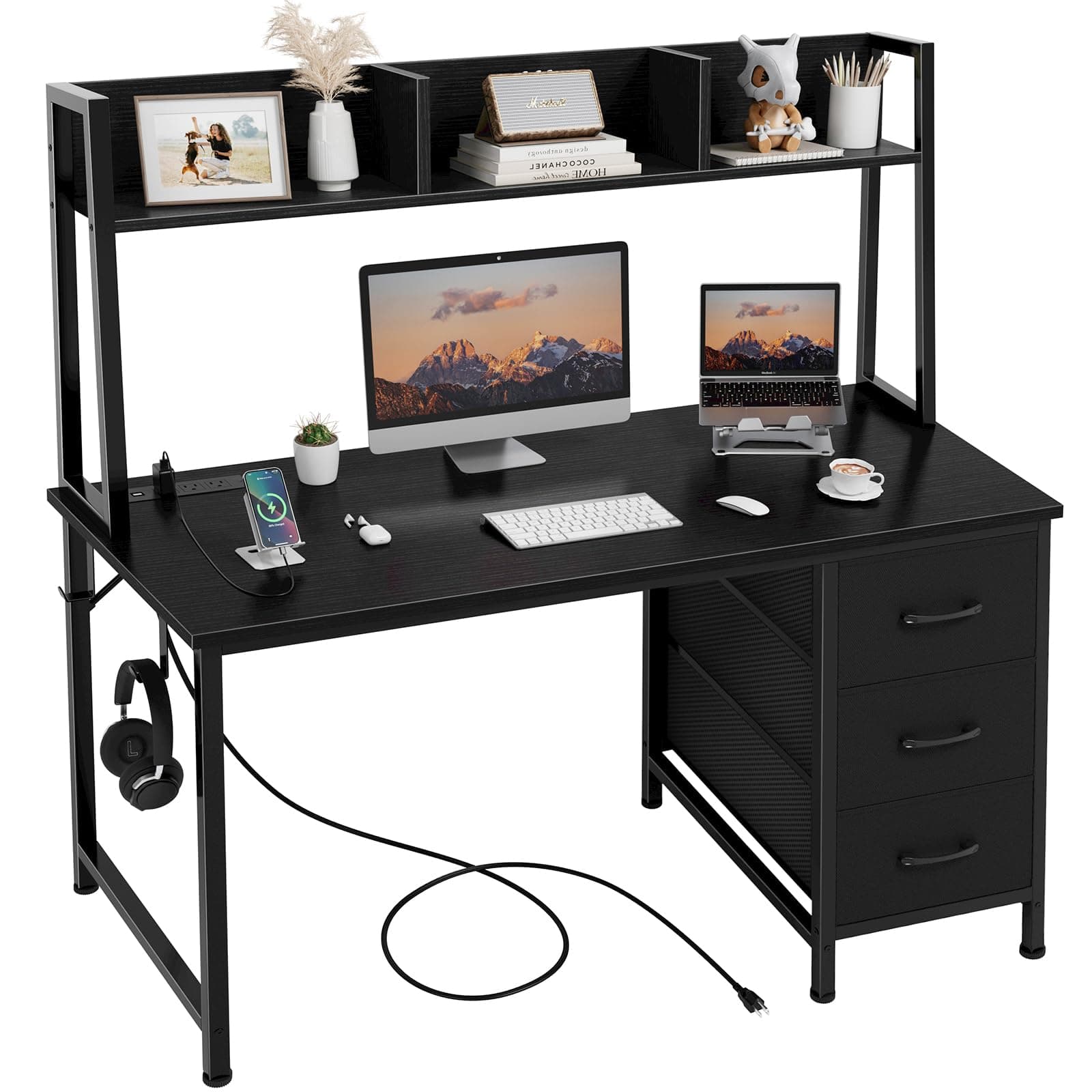 DLISITING Computer Desk with Hutch & Drawers - Office Study Writing 47 Inch Desk with 3 Drawers Storage Power Outlets, Modern Desk for Bedroom Home Office Black