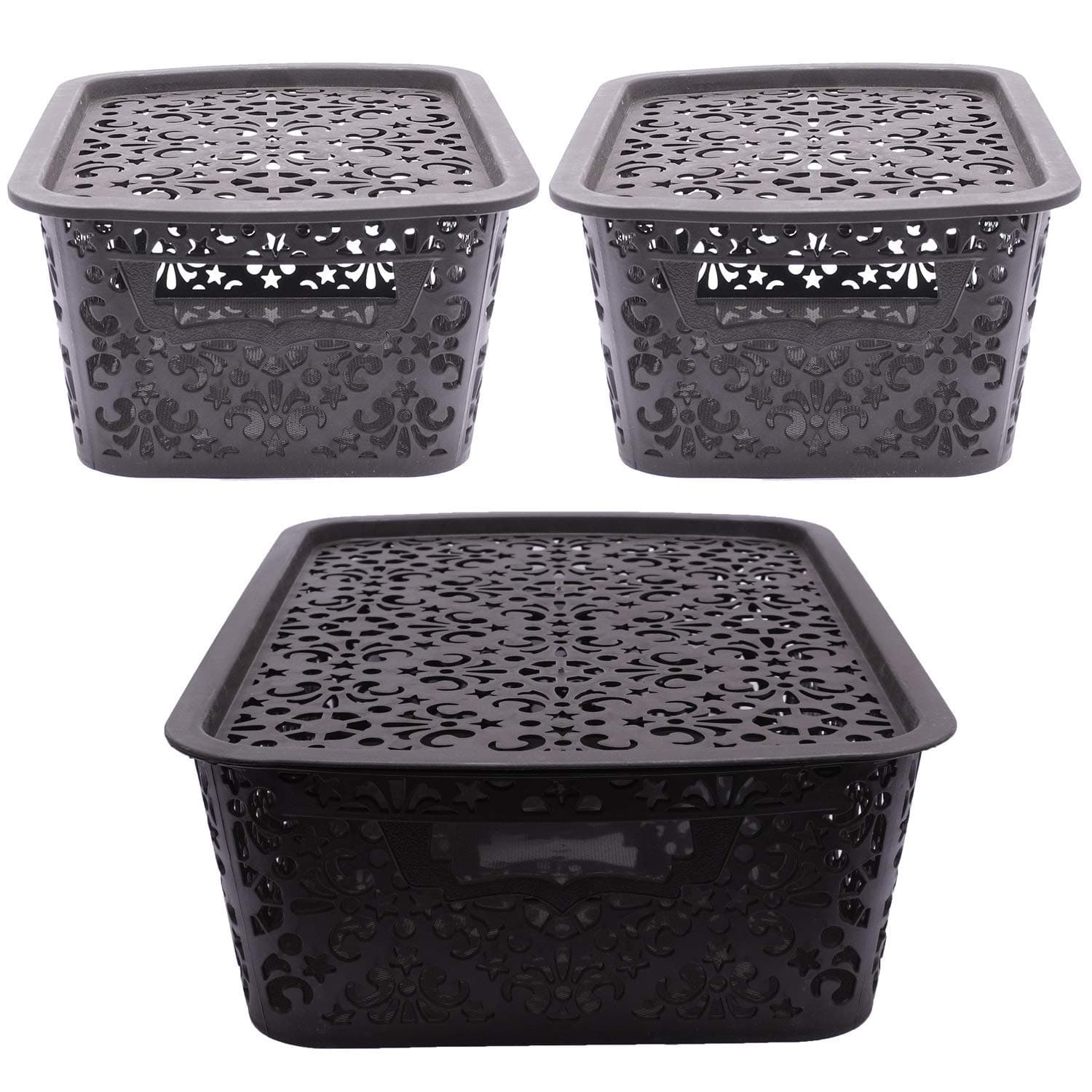 Cutting EDGE Turkish Basket (1 x Medium, 2 x Small) with Lid for Storage Baskets For Fruit Vegetable Bathroom Stationary Home Basket with Handle (Black)