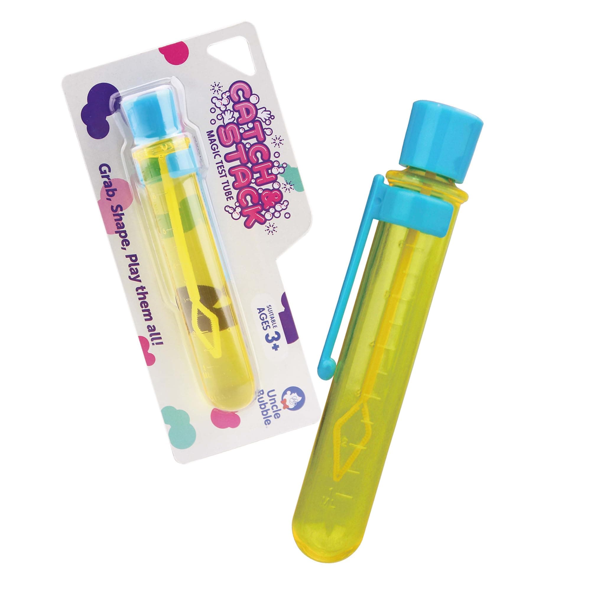 UNCLE BUBBLE Catch & Stack Touchable Bubble Test Tube - Grab, Shape, Play Them All! Blow a Cloud of Pearl Sized Bubbles That You can Catch and Stack.