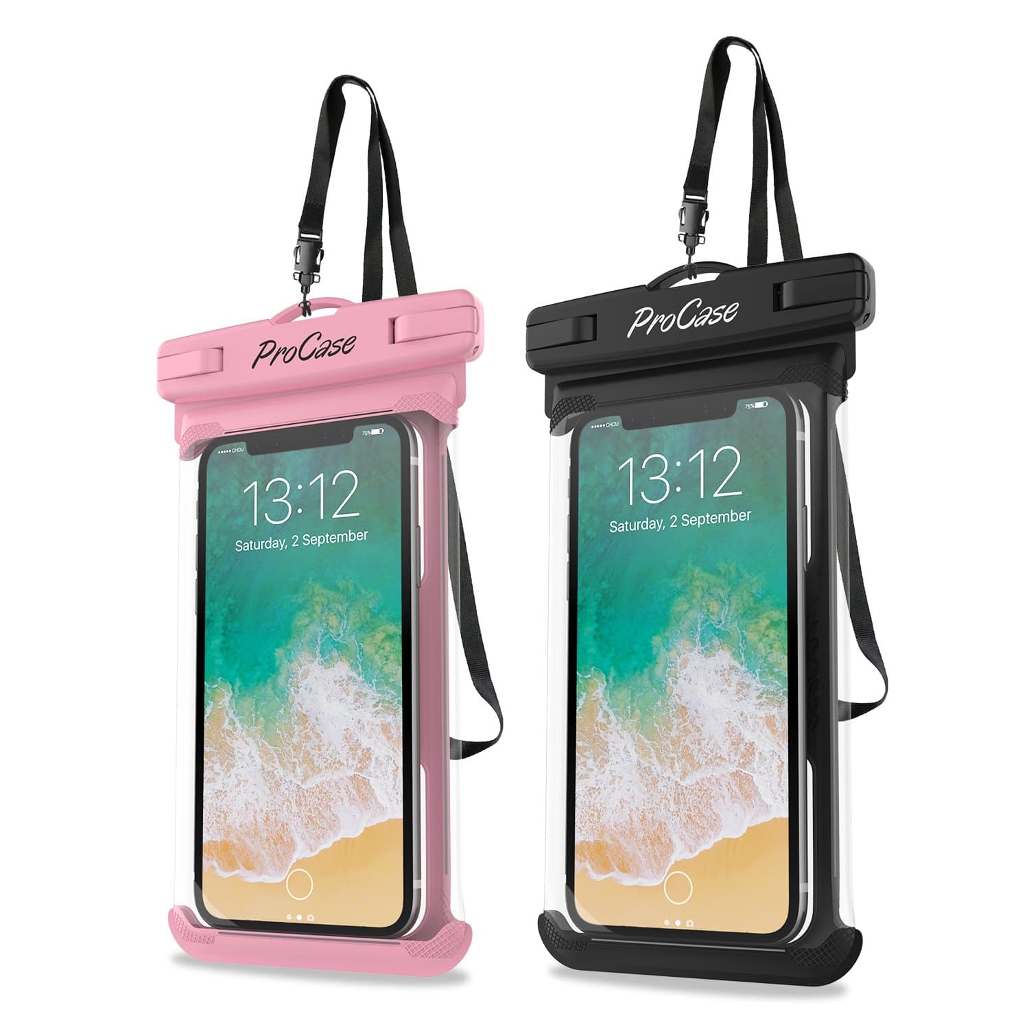 ProCase 2 Pack Waterproof Phone Pouch, Underwater Phone Case Up to 7", Dry Bag for iPhone 17 Air 16 15 14 13 Pro Plus Max, Galaxy S24 S23 S22 Ultra Pixel, Beach Essentials -Pink & Black