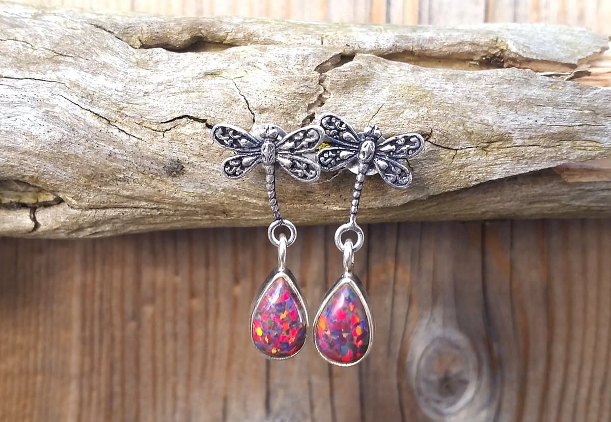 Sterling Silver Fire Opal Dragonfly Earrings Set