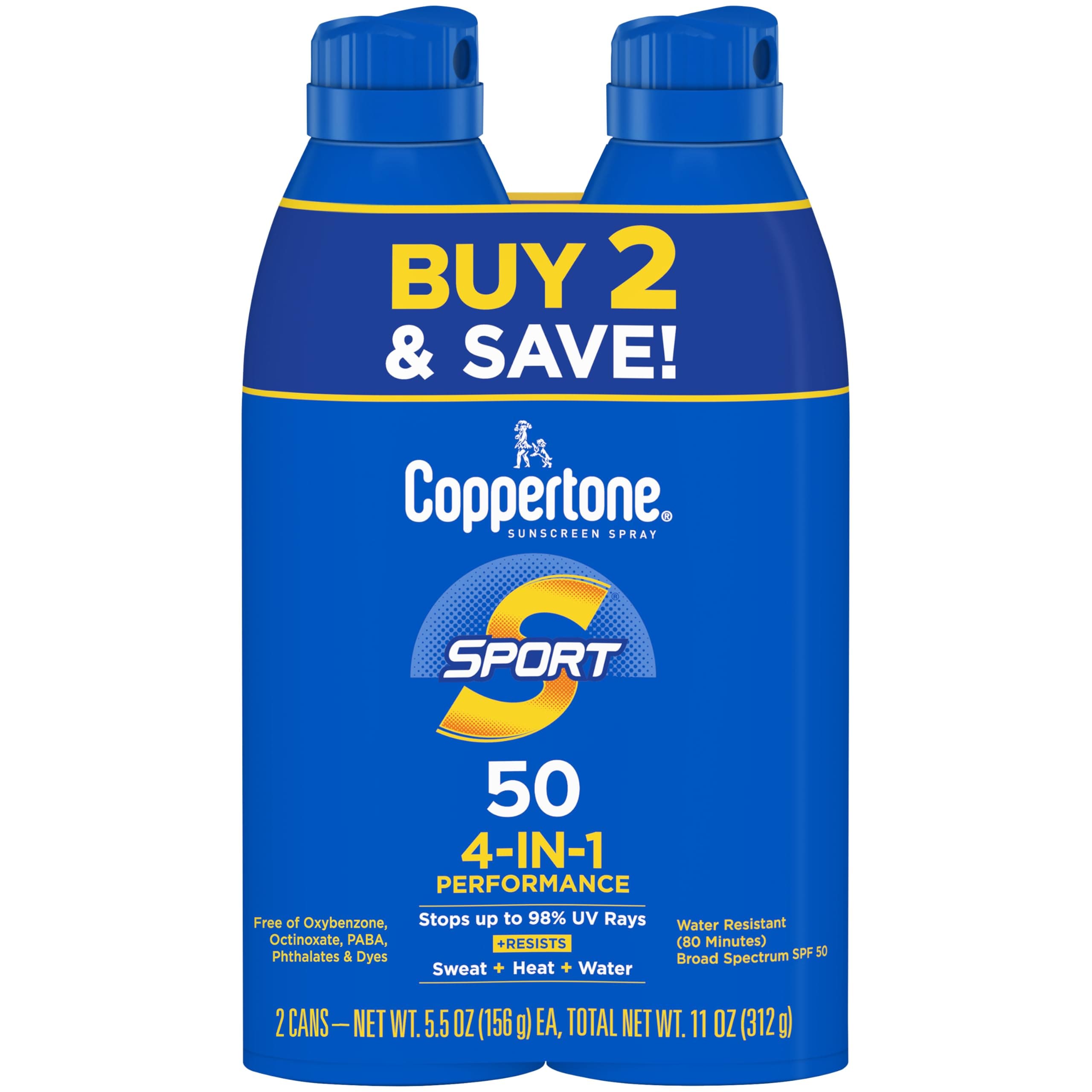 Coppertone Sport SPF 30 Sunscreen Spray, Body Sunscreen, Water Resistant Spray Sunscreen, 5.5 Oz, Pack of 2 (Packaging May Vary)