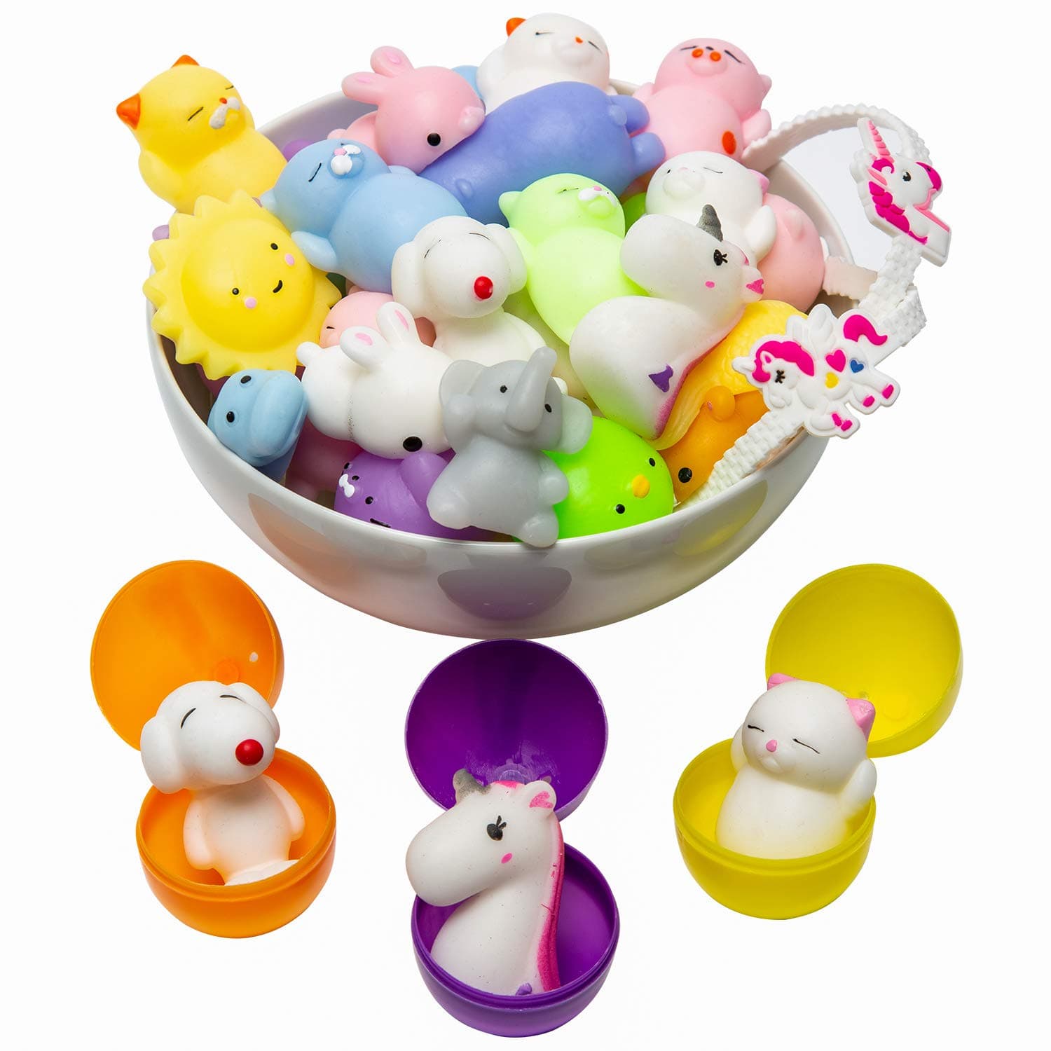 BYDOOO BD Easter Basket Stuffers – 3 Pre-Filled Easter Egg Fillers, Mochi Squishies 16pcs, Classroom Prizes & Unicorn Party Favors, Claw Machine Toys