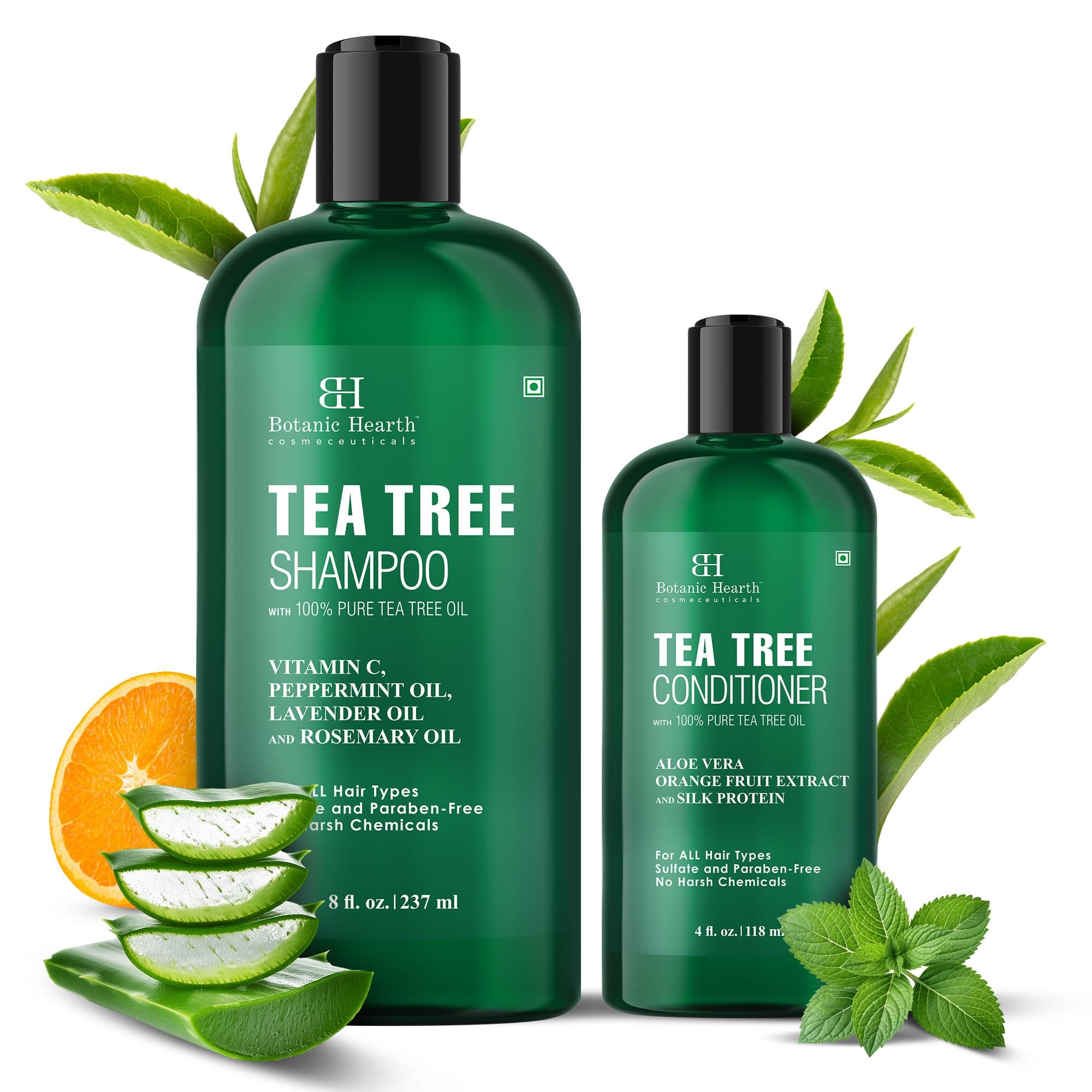 Botanic Hearth Tea Tree Shampoo 8 fl oz (237 ml) and Conditioner 4 fl oz (118 ml) | with 100% Pure Tea Tree Oil, for Itchy and Dry Scalp, Sulfate/Paraben Free | for Men and Women
