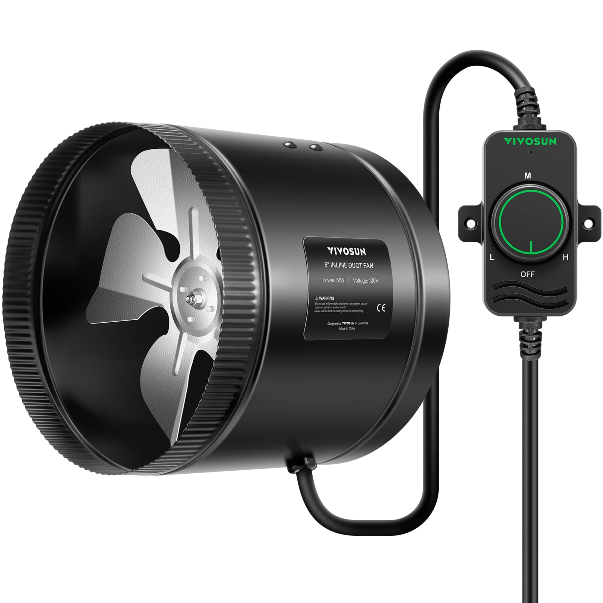 VIVOSUN Inline Booster Duct Fan 8” 430 CFM with Speed Controller, HVAC Exhaust Ventilation Fan with Low Noise for Basements, Bathrooms, Kitchens, Attics, Grow Tents