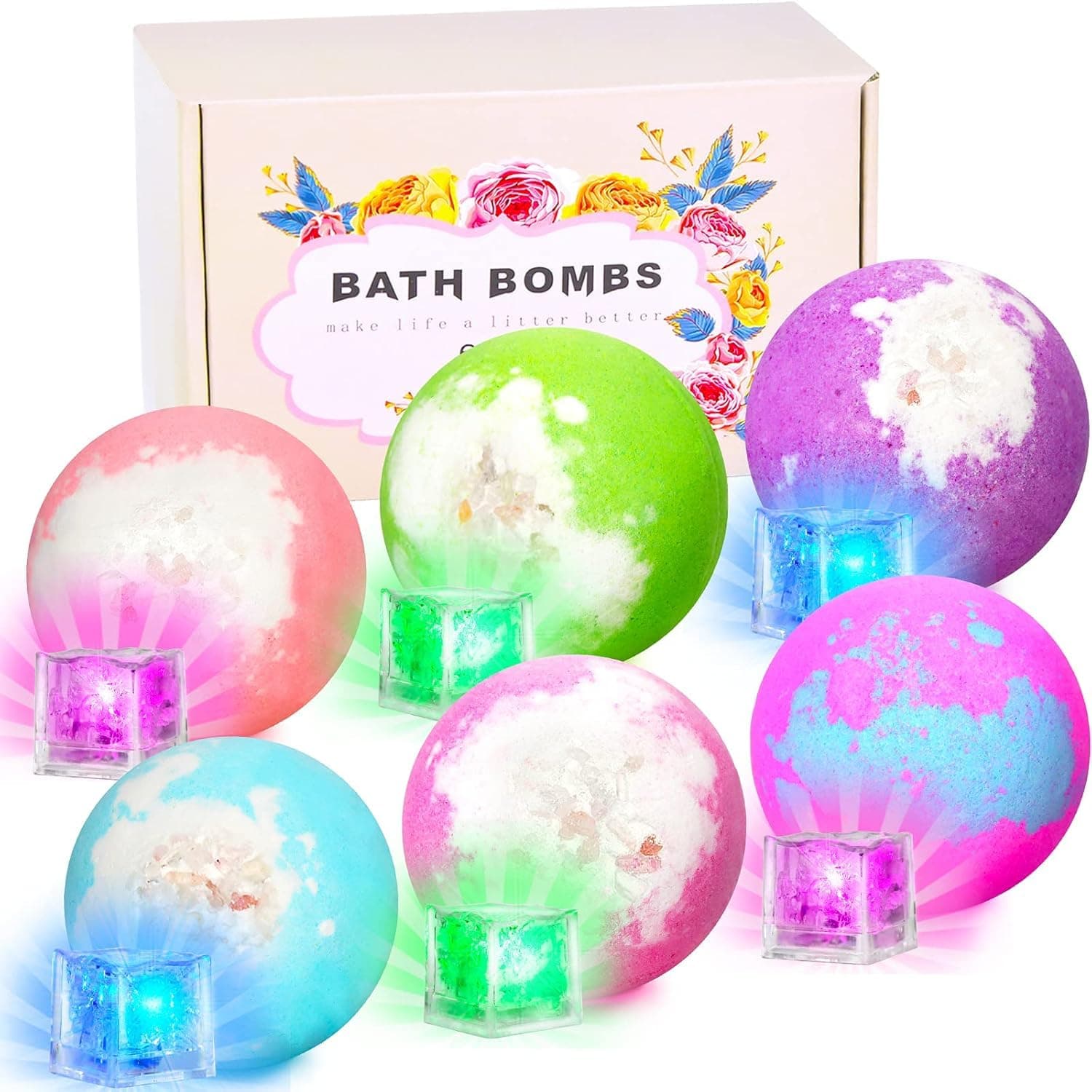 Light Up Bath Bombs with Surprise Inside, 4.23 oz XL Natural Gift Set 6 with Essential Oils, Magnesium Large Bath Bombs for Women Relaxing Spa Skin Moisturize Gifts for Women