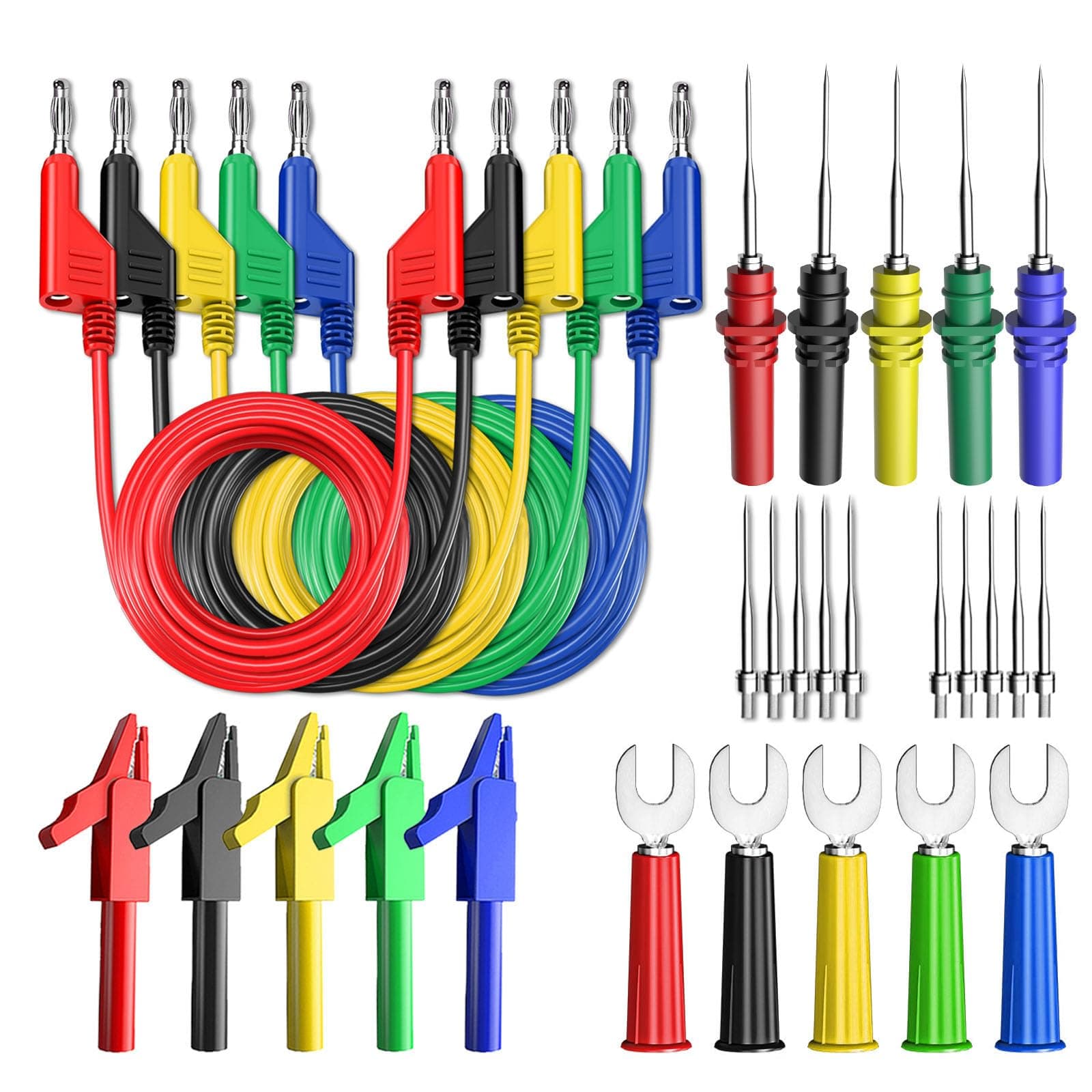 Cleqee Multimeter Test Leads Kit, Double-ended Stackable 4mm Banana Plug Test Leads Includes 5pcs Insulated Alligator Clips, 5pcs Spade Plugs, 5pcs Test Probe with 10pcs Replaceable Needles