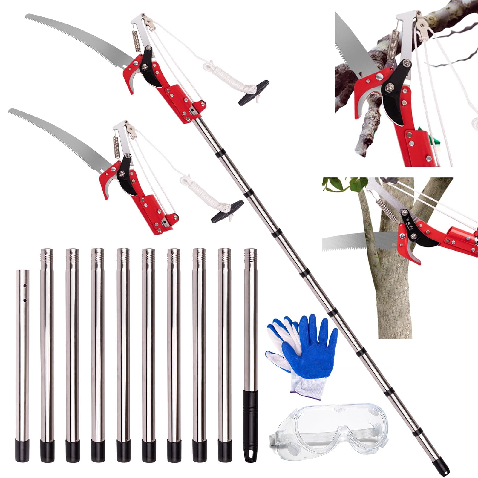 Manual Pole Saw, 3-14 ft Extendable Tree Pruner, Sharp Steel Blade and Scissors High Branches Trimming,with Lightweight 10 Handles, Protective Glasses and Gloves, for Pruning Palms and Shrubs