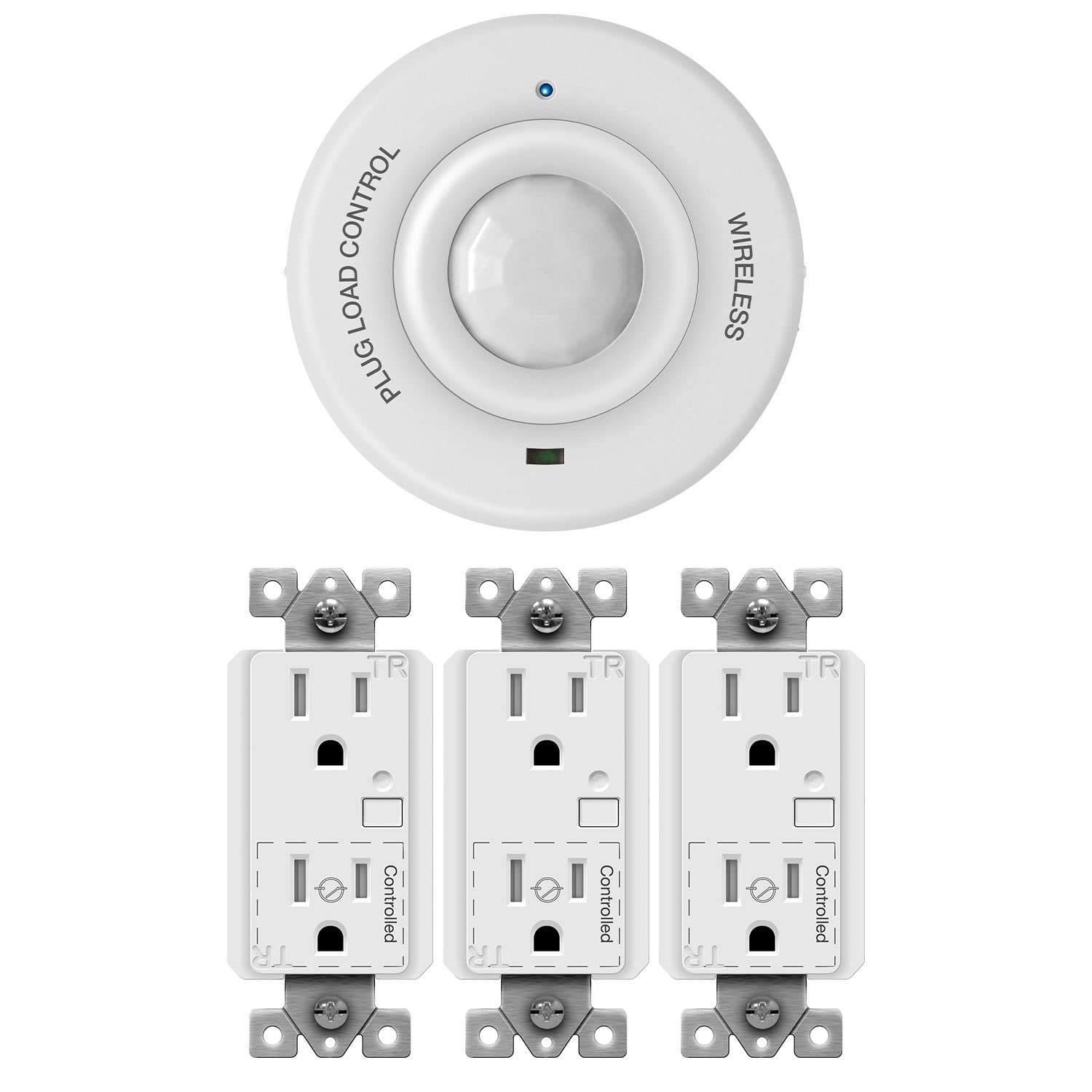 TOPGREENER Wireless PIR Ceiling Sensor and 3 Pack Plug Load Control 15A Duplex Receptacle Outlet, Occupancy Motion Detector ON/OFF Switch, TGPL15R-3PCS+TGBPC