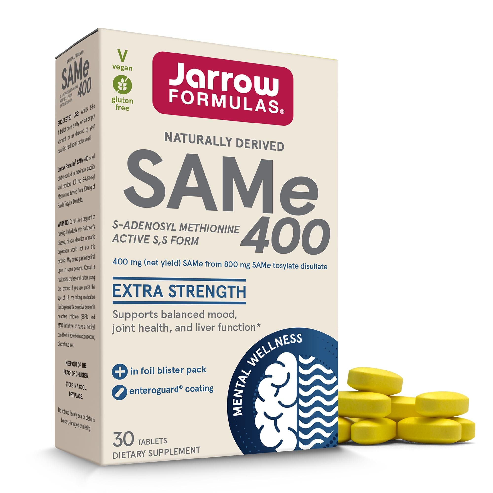Jarrow Formulas SAMe 400 mg - 30 Tablets - Highest Concentration of Active S,S Form - Supports Joint Health, Liver Function, Brain Metabolism, Mood & Antioxidant Defense - 30 Servings