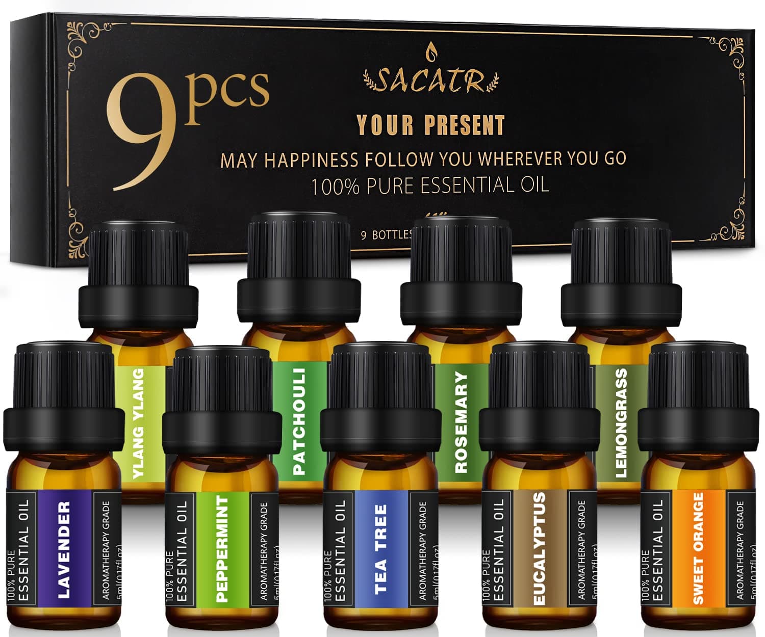 SACATR Essential Oils Set -100% Natural Essential Oils -Perfect for Diffusers, Aromatherapy,Humidifiers,Massage,Skin & Hair Care, DIY Candle and Soap Making,9x5 ML(0.17oz）