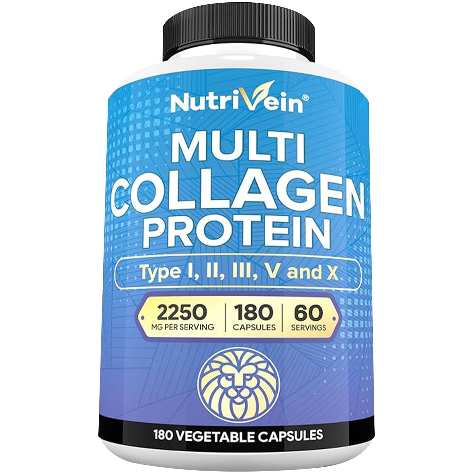 Nutrivein Type I, II, Iii, V, X - Anti-Aging Multi Collagen Pills for Woman and Men (2250mg)- 180 Capsules