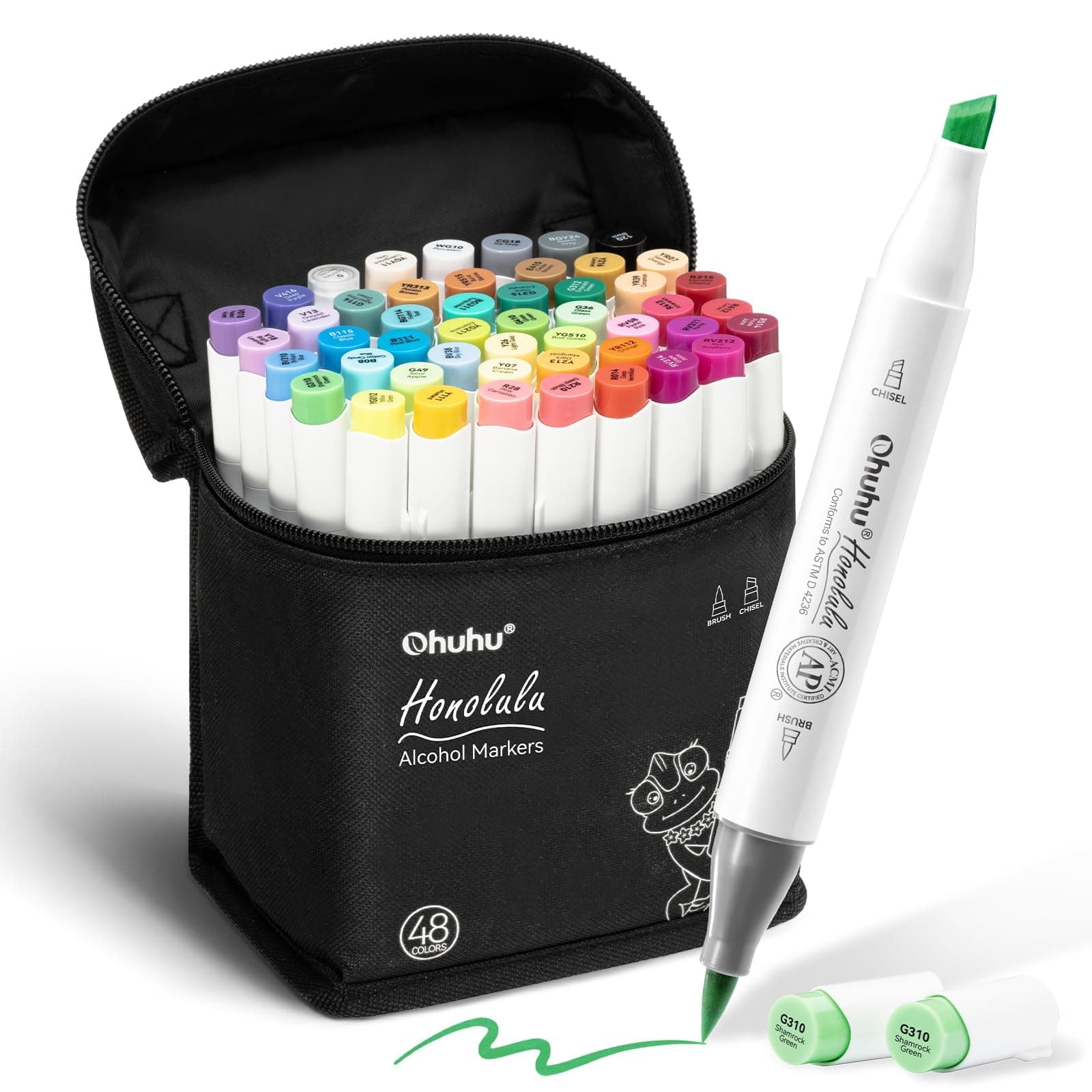 Alcohol Markers Brush Tip: 48-Color Double Tipped Art Marker Set for Artist Adults Coloring Illustrations -Honolulu -Brush & Chisel -Refillable, Multicolor