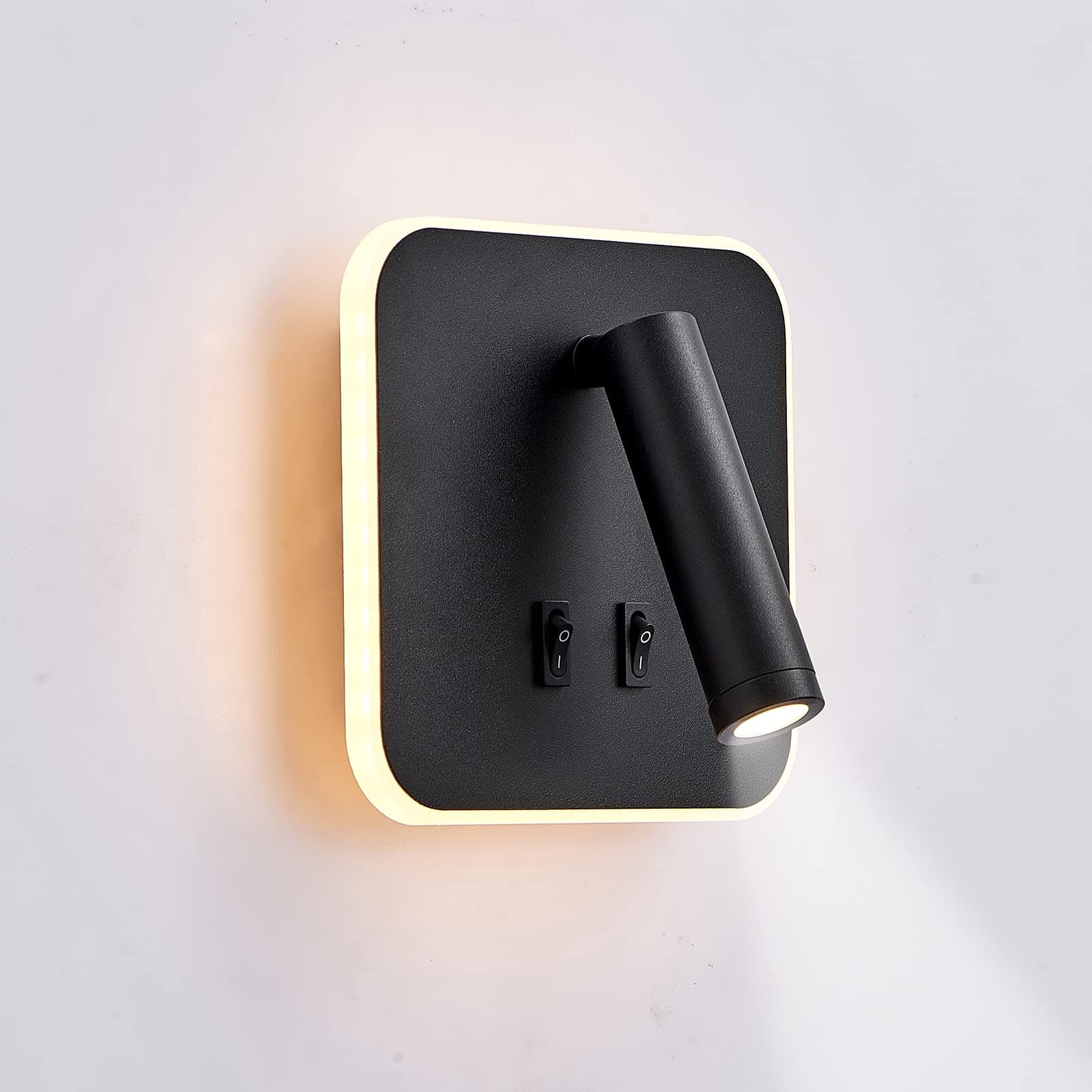 LED Wall Mounted Lamp,Bedside Reading Wall Light,12W LED Wall Lamp, Adjustable Spotlight （3W +9W 3000K Warm Light） (Black Square)