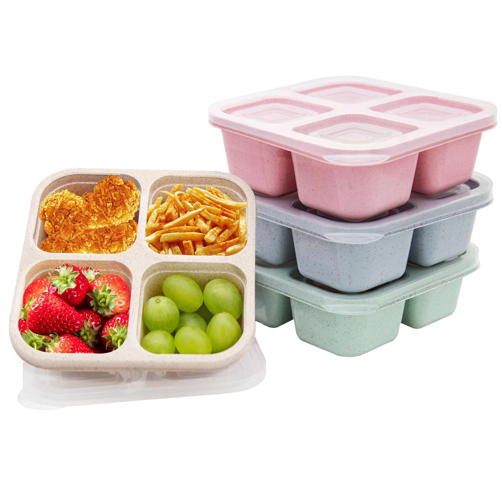 4 Pack Bento Lunch Box,4 Compartment Snack Containers,Divided Bento Snack Box,Meal Prep Containers Kids/Toddle/Adults,Food Storage Containers for School, Work and Travel