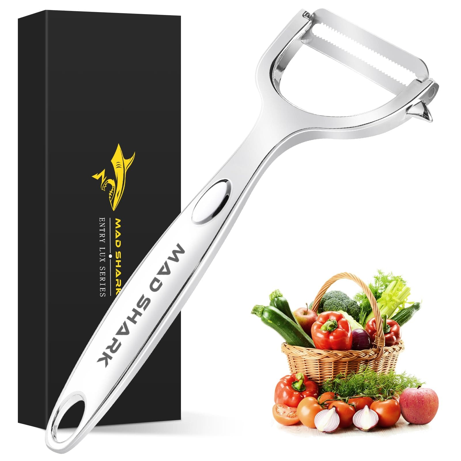 MAD SHARK Ultra Sharp Vegetable Peelers for Kitchen 10 Years No Rust Stainless Steel Serrated Potato Peeler Easy to Use Y Peeler with Durable Non-Slip Ergonomic Grips for Carrots, Fruits, Veggie