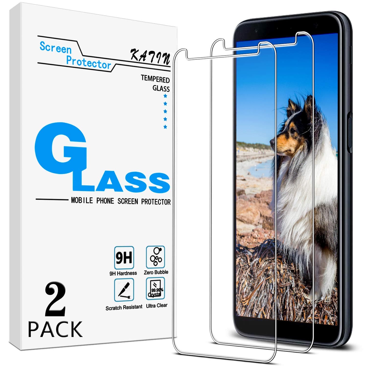 KATIN Galaxy J6 Plus Screen Protector - [2-Pack] Tempered Glass for Samsung Galaxy J6 Plus Bubble Free with Lifetime Replacement Warranty