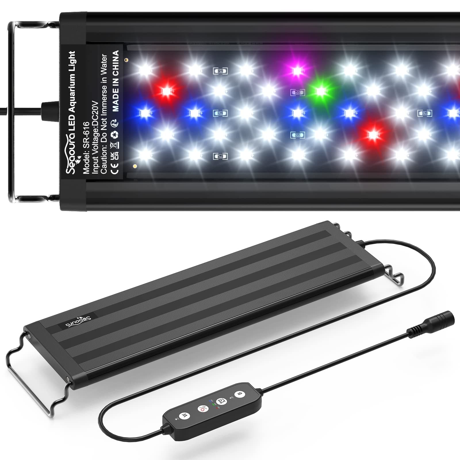 SEAOURA Led Aquarium Light for Plants-Full Spectrum Fish Tank Light with Timer Auto On/Off, Adjustable Brightness, White Blue Red Green Pink LEDs with Extendable Brackets for Freshwater (30-45cm)