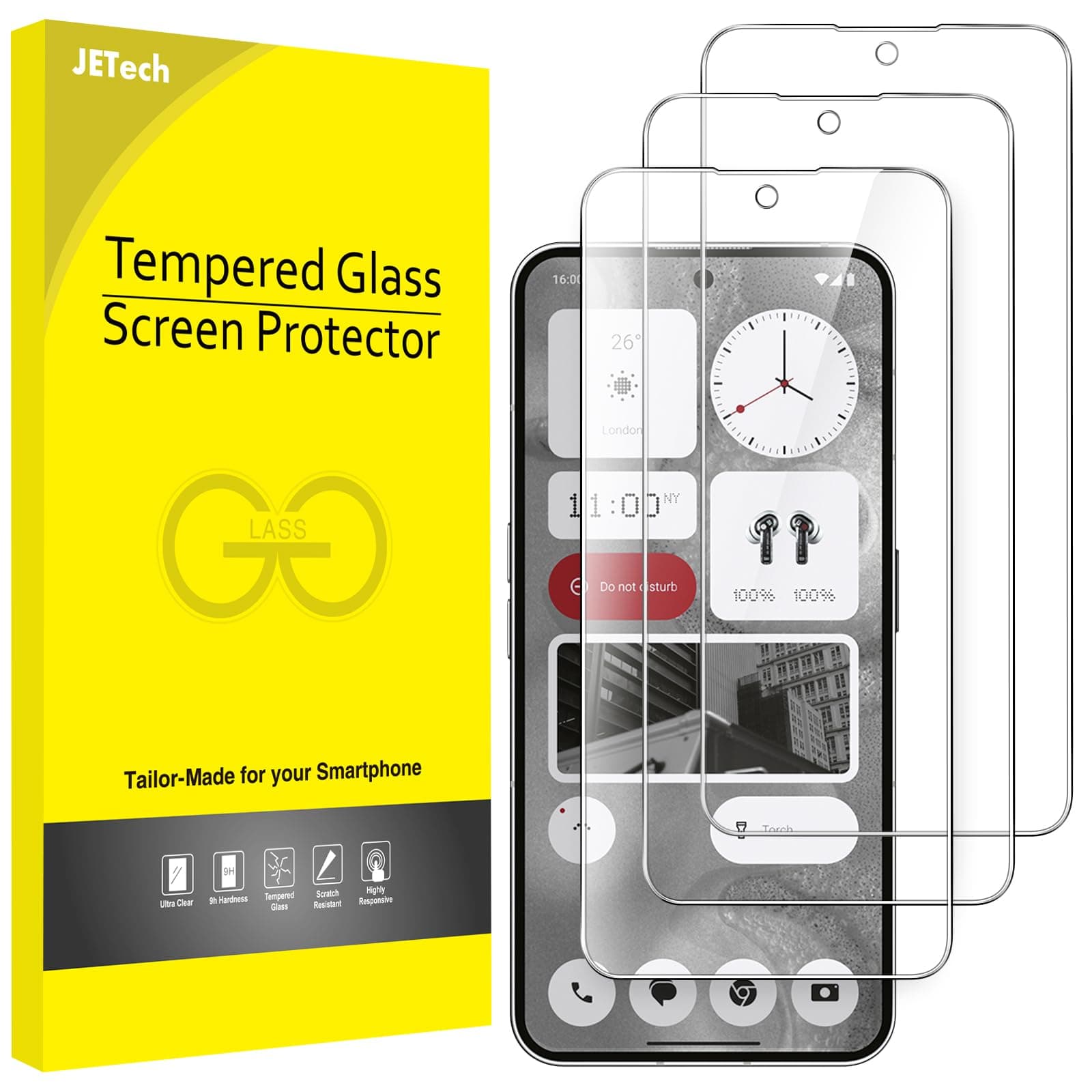 JETech Screen Protector for Nothing Phone 2 6.7-Inch, 9H Tempered Glass Film, Anti-Scratch, HD Clear, 3-Pack