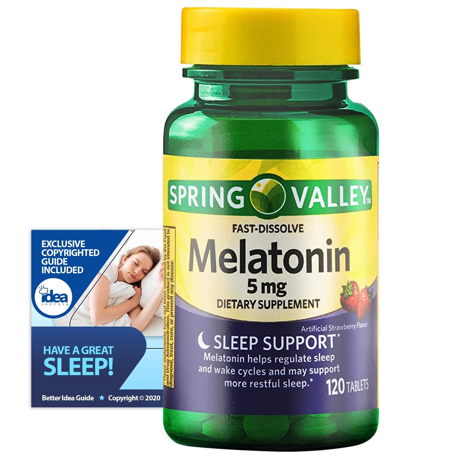 Melatonin Fast-Dissolve Tablets, 5mg by Spring Valley (1 Pack 120ct) + “Have a Great Sleep - Better Idea Guide©”