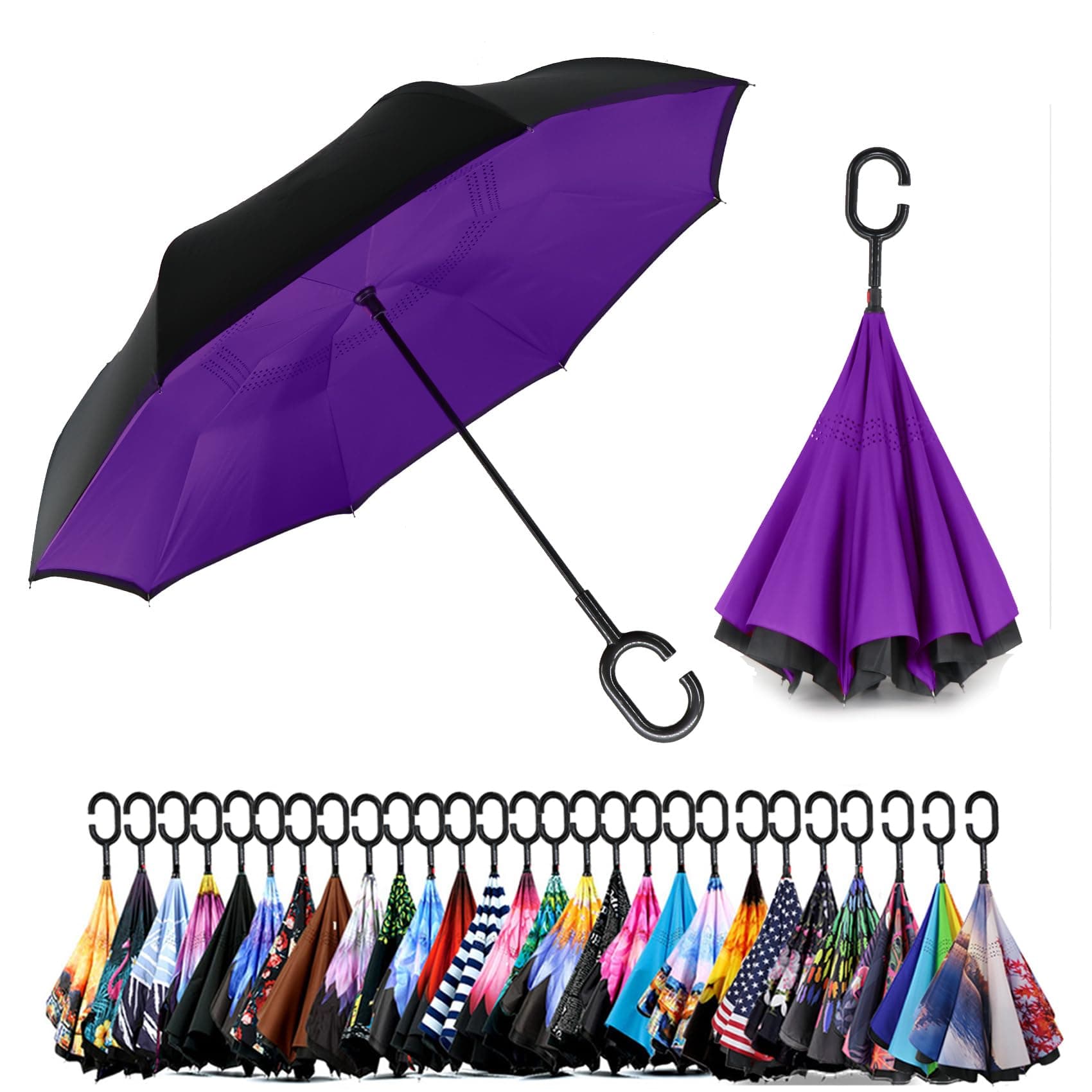 SIEPASASpar.saa Spar. Saa Double Layer Inverted C-Shaped Handle, Anti-UV Waterproof Windproof Straight Umbrella for Car Rain Outdoor Use