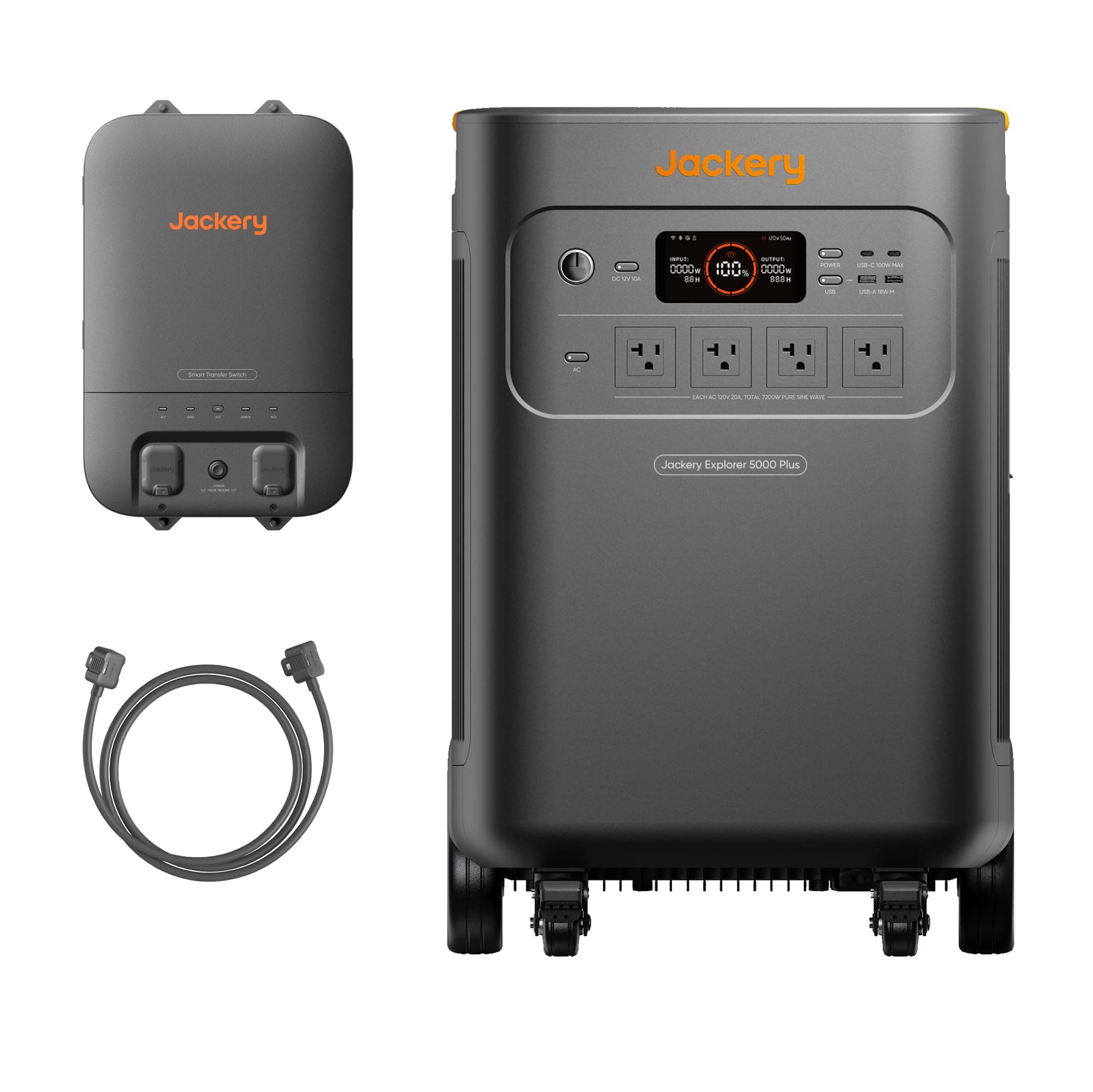 Jackery Solar Generator 5000 Plus with Smart Transfer Switch, 5040Wh LiFePO4 Power Station, 120V/240V 7200W AC Output, Whole-Home Backup, 0ms UPS for Home Use, Blackouts (Solar Panel Optional)